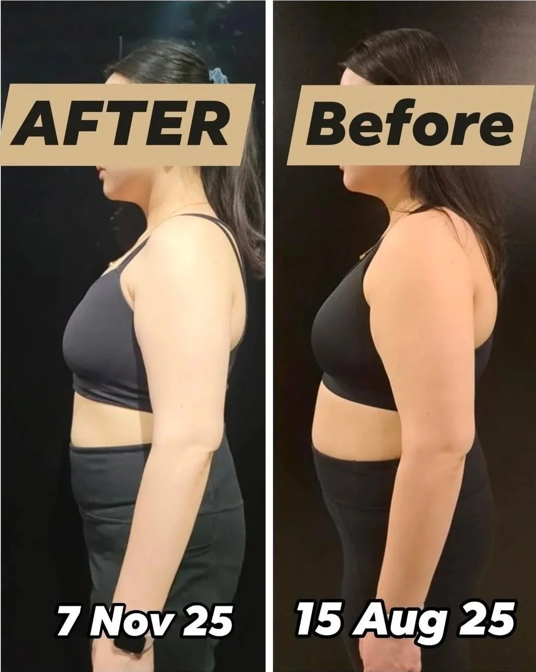 Client side-view transformation comparison showing body-composition progress from August to November 2025.