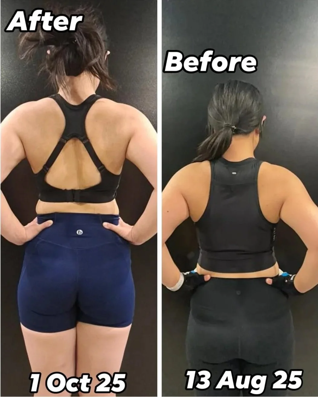 Client back-view transformation comparison showing body-composition progress from August to October 2025.
