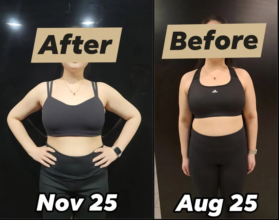 Client front-view transformation comparison showing body-composition progress from August to November 2025.