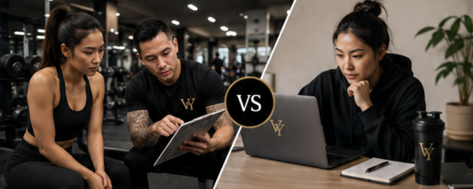 women choosing between personal training in a gym and online coaching on a laptop