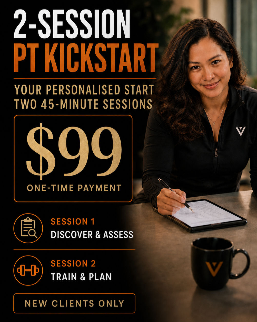 Vera Yazid promoting a $99 two-session PT Kickstart with two 45-minute personal training sessions in Sydney CBD.