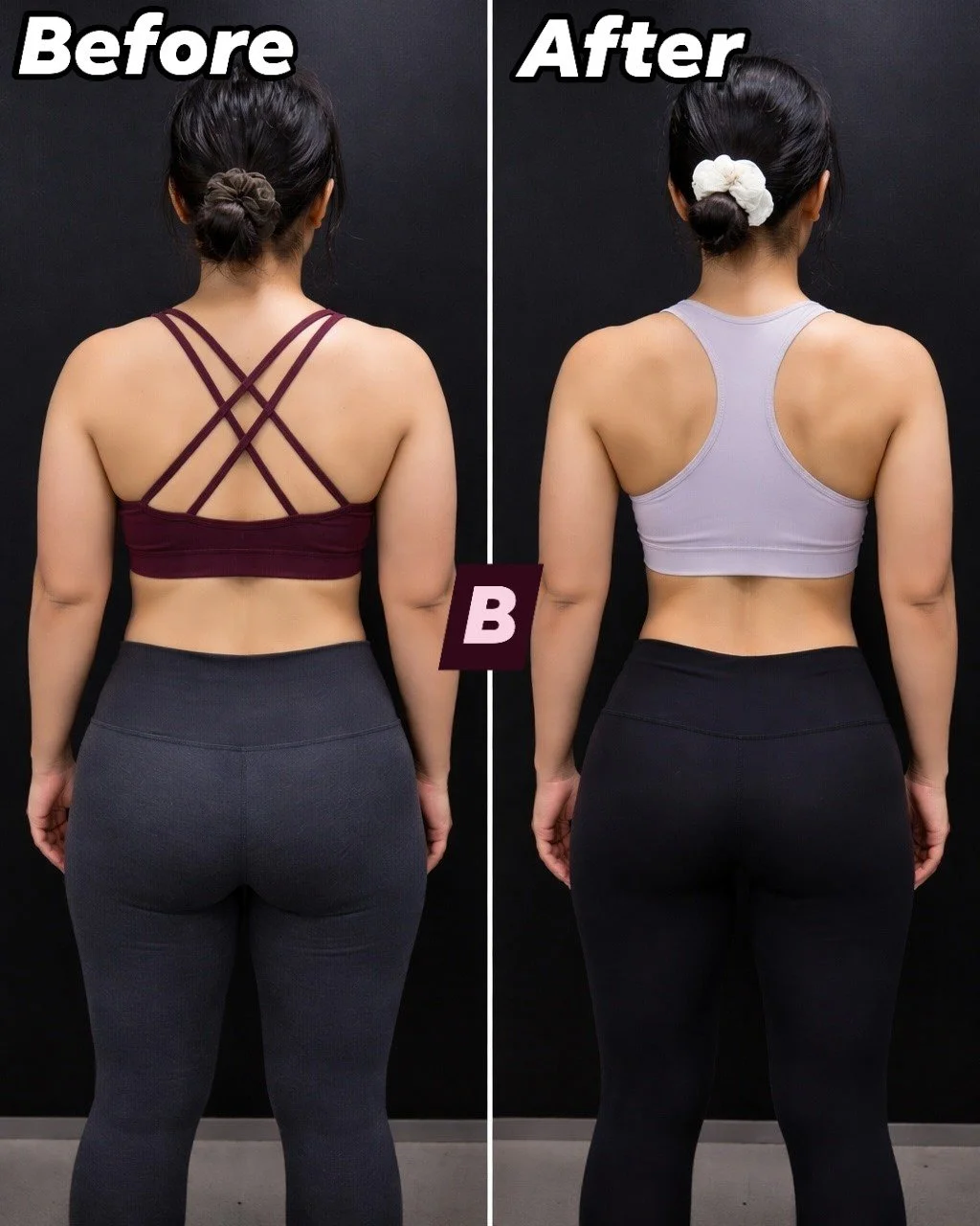 Client back-view transformation comparison showing body-composition progress from August to December 2025.