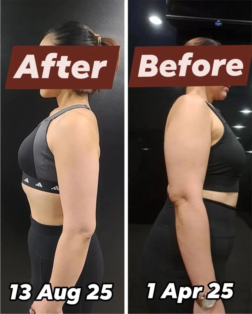 Client side-view transformation comparison showing body-composition progress from April to August 2025.
