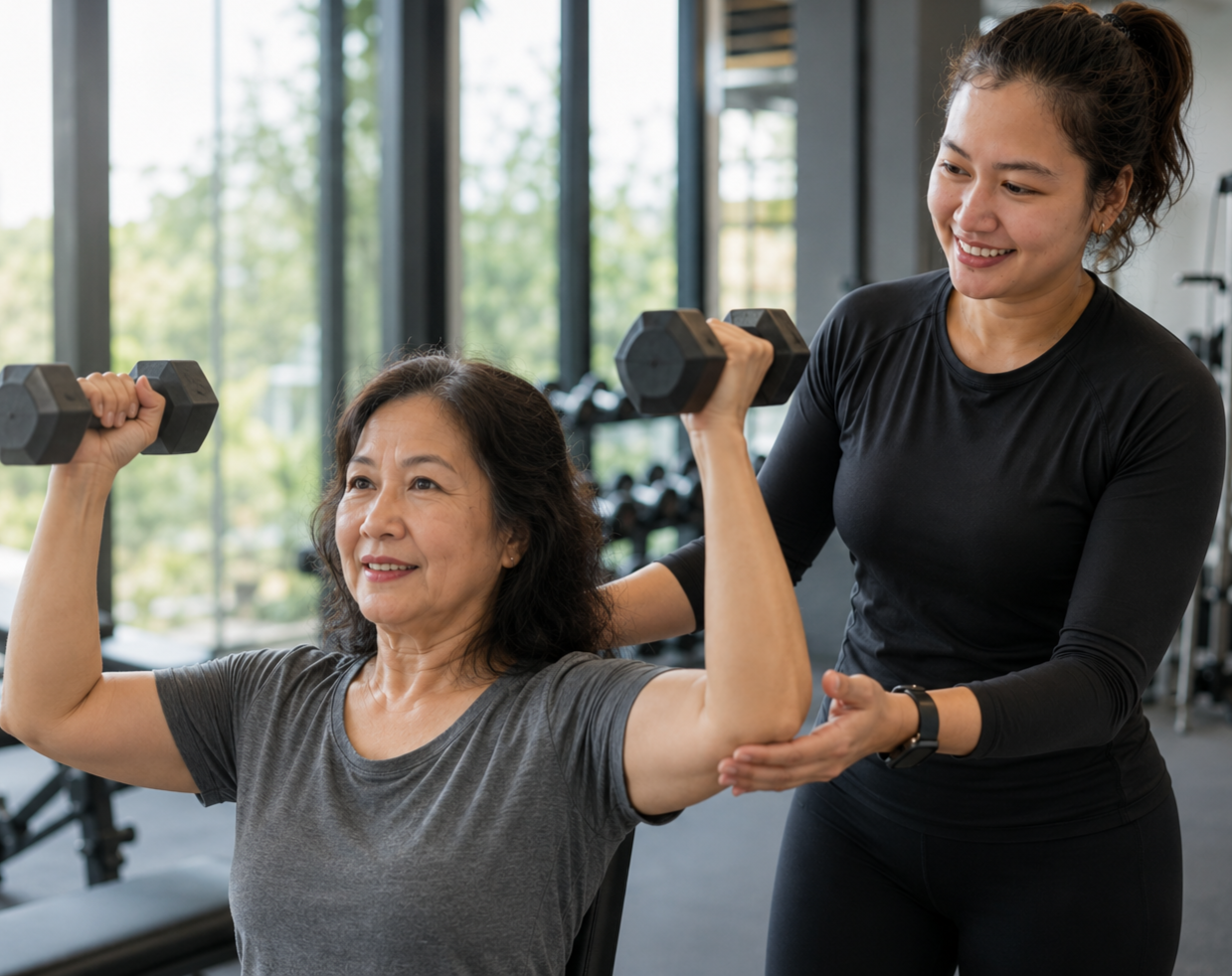 Personal trainer supporting an older woman during strength training