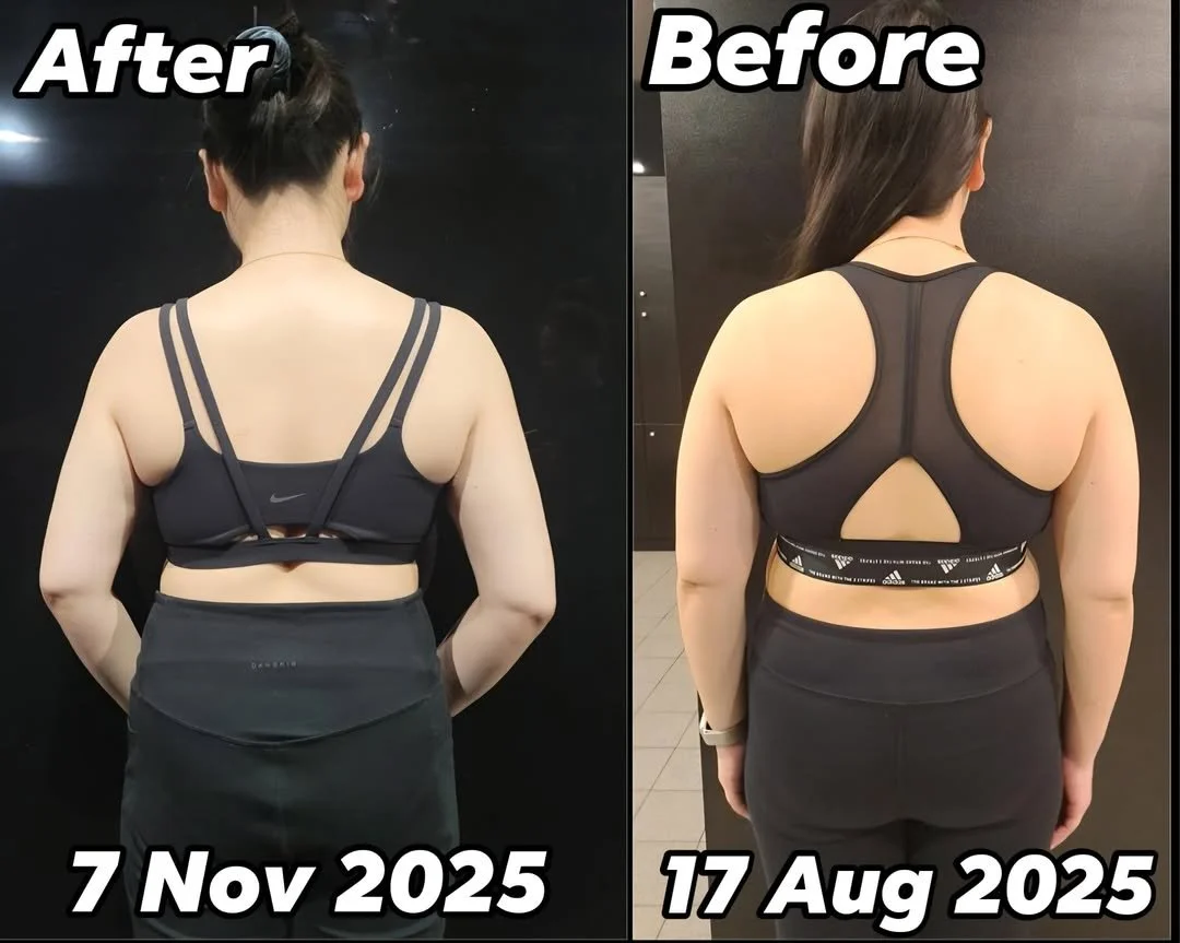 Client back-view transformation comparison showing body-composition progress from August to November 2025