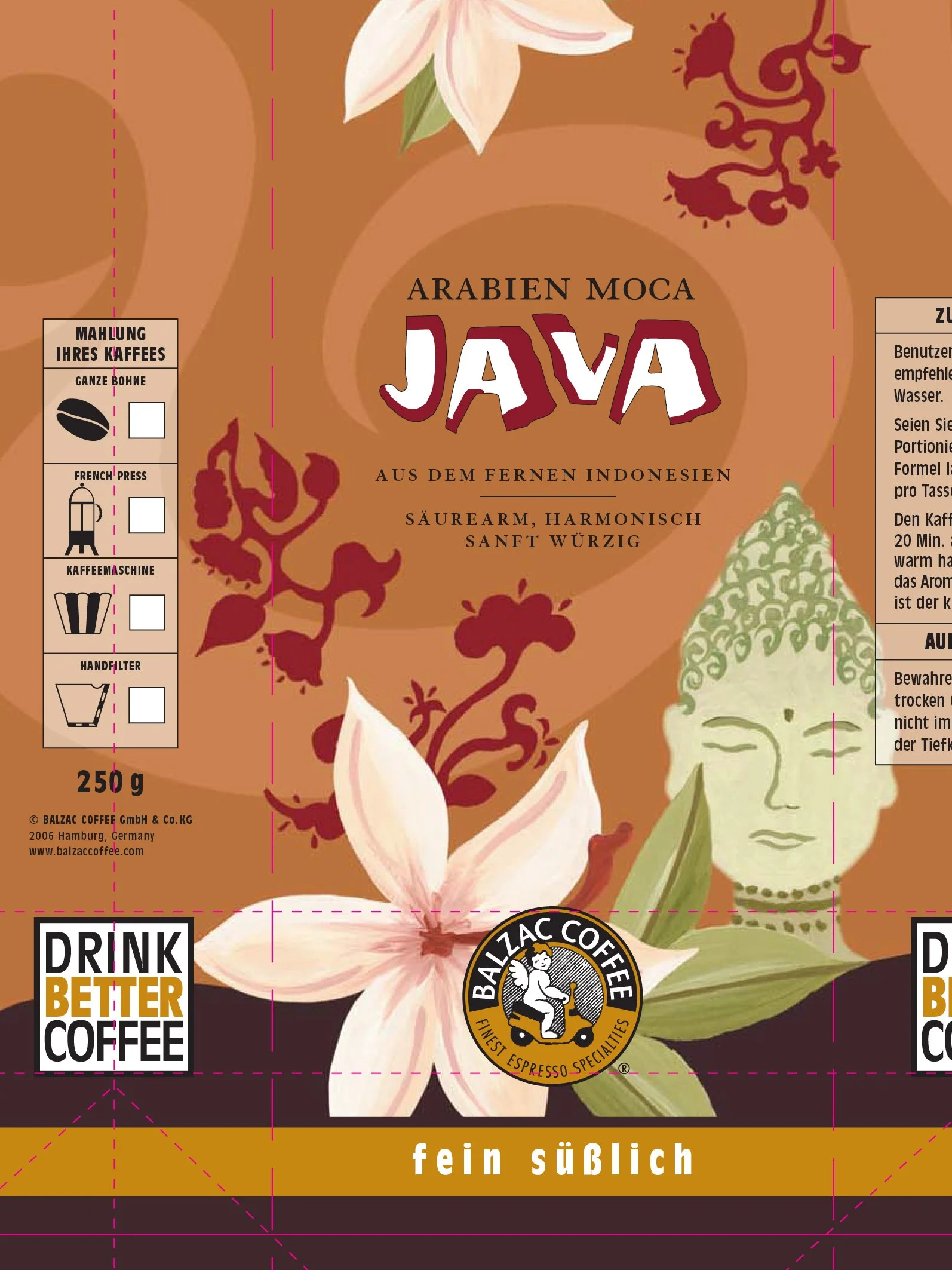 Produktverpackung für Kaffee mit Blumen und traditionellen Motiven, Markenlogo von Balzac Coffee, Beschreibung des Geschmacks als fein, süßlich, säurearm, harmonisch und sanft würzig, Inhalt 250 g.