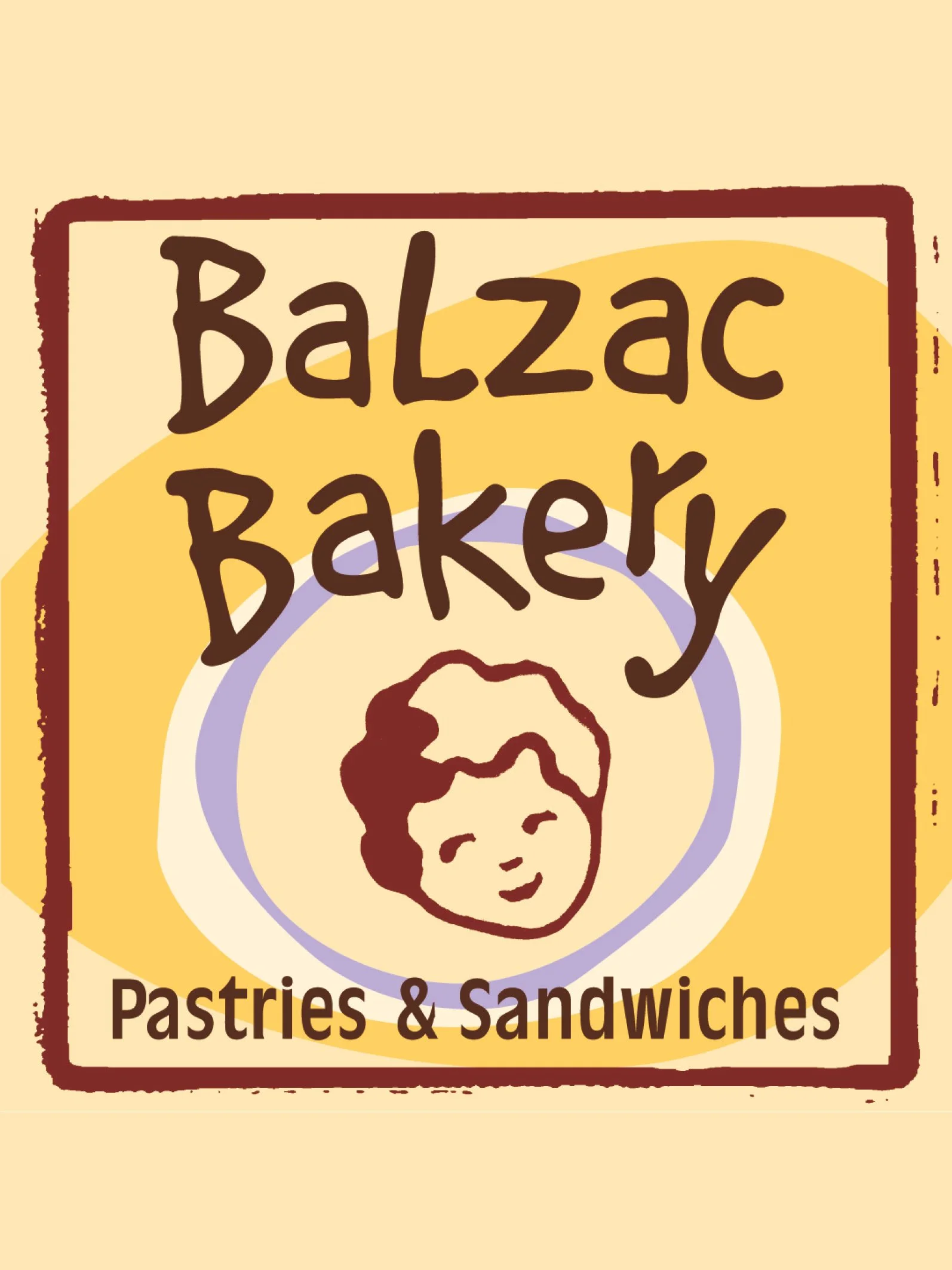 Bäckerei-Logo mit einer lachenden Kindergesichtzeichnung und dem Text 'Balzac Bakery' sowie den Worten 'Patisserie & Sandwiches' auf einem beige Hintergrund.