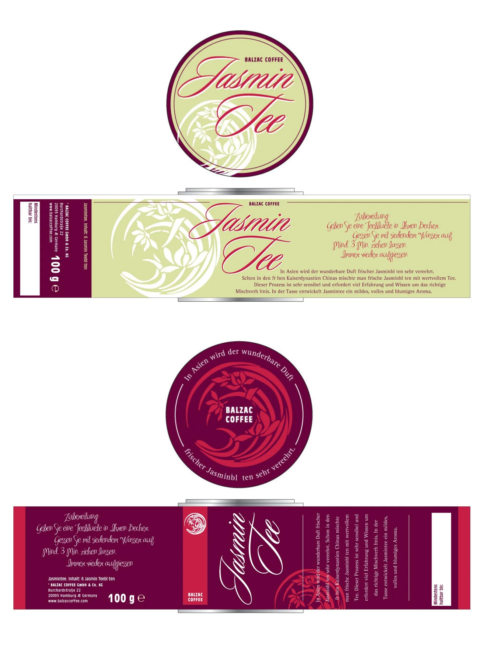 Verpackung des Jasmintee-Produkts von Balzac Coffee, grüne und burgunderfarbene Farbschemata, zeigt das Logo und Beschreibung des Tees, enthält Anweisungen zur Zubereitung in deutscher Sprache.