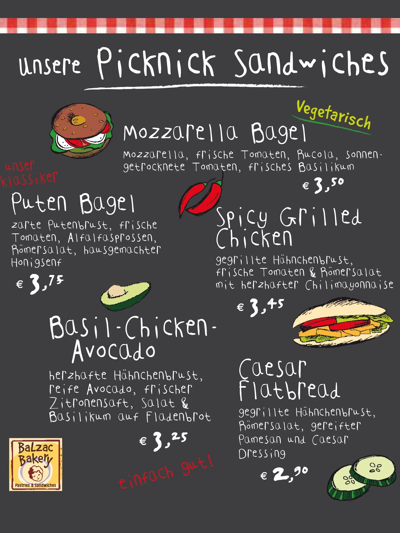 Ein schwarzer Speisenplan mit handschriftlichen Beschreibungen und bunten Illustrationen von Sandwiches, Chilis und Gurkenscheiben. Überschrift: 'Unsere Picknick Sandwiches'. Die Speisen umfassen vegetarisch, Hühnchen-Avocado, Caesar Fladbread, sowie