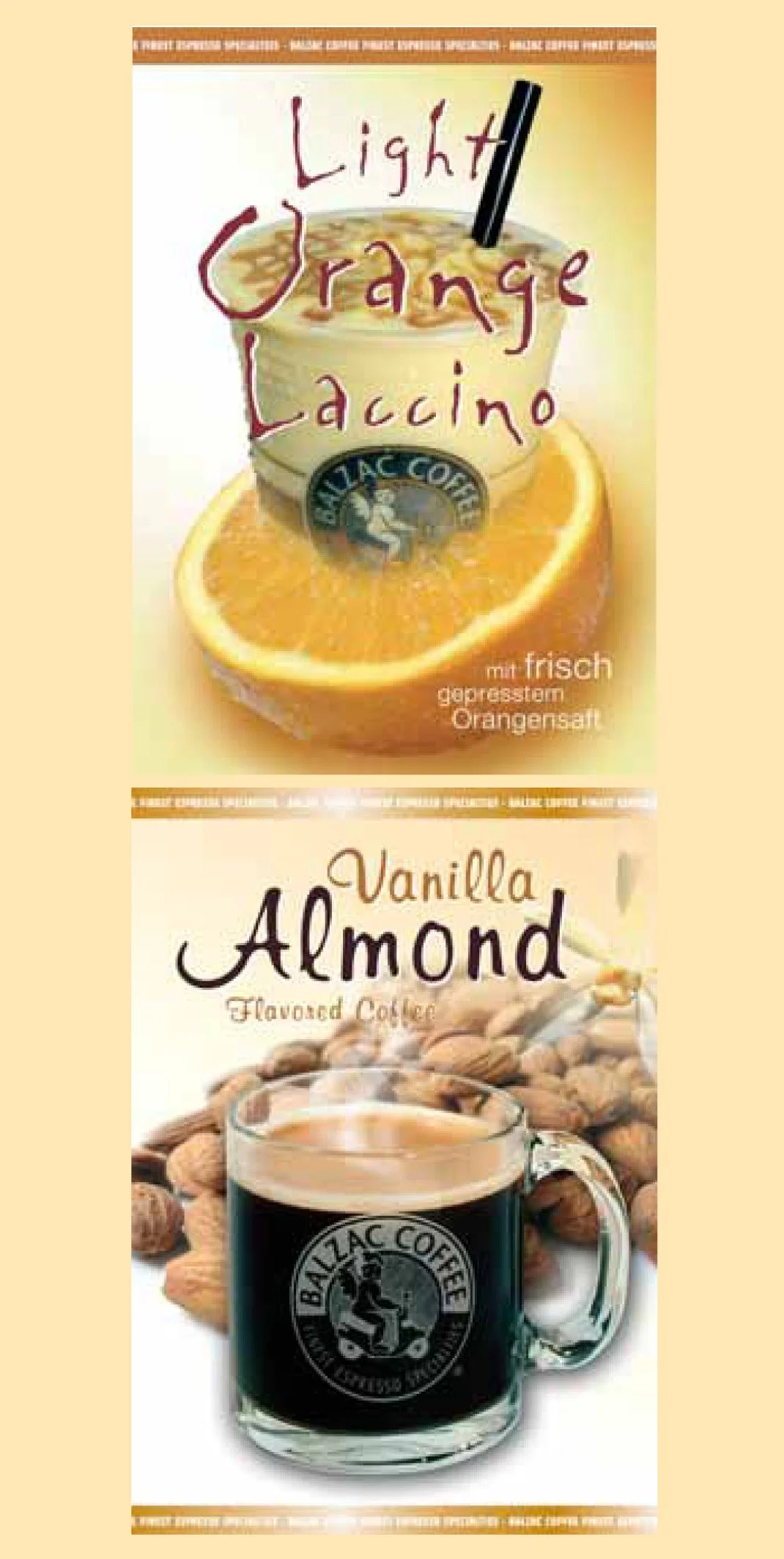 Das Bild zeigt zwei Getränke. Oben ein Becher mit Orangenkaffee, garniert mit einer Orangenscheibe, mit der Beschriftung "Light Orange Laccino" und einem schwarzen Strohhalm. Unten eine Tasse mit schwarzem Kaffee, umgeben von Nüssen, mit der Beschrif