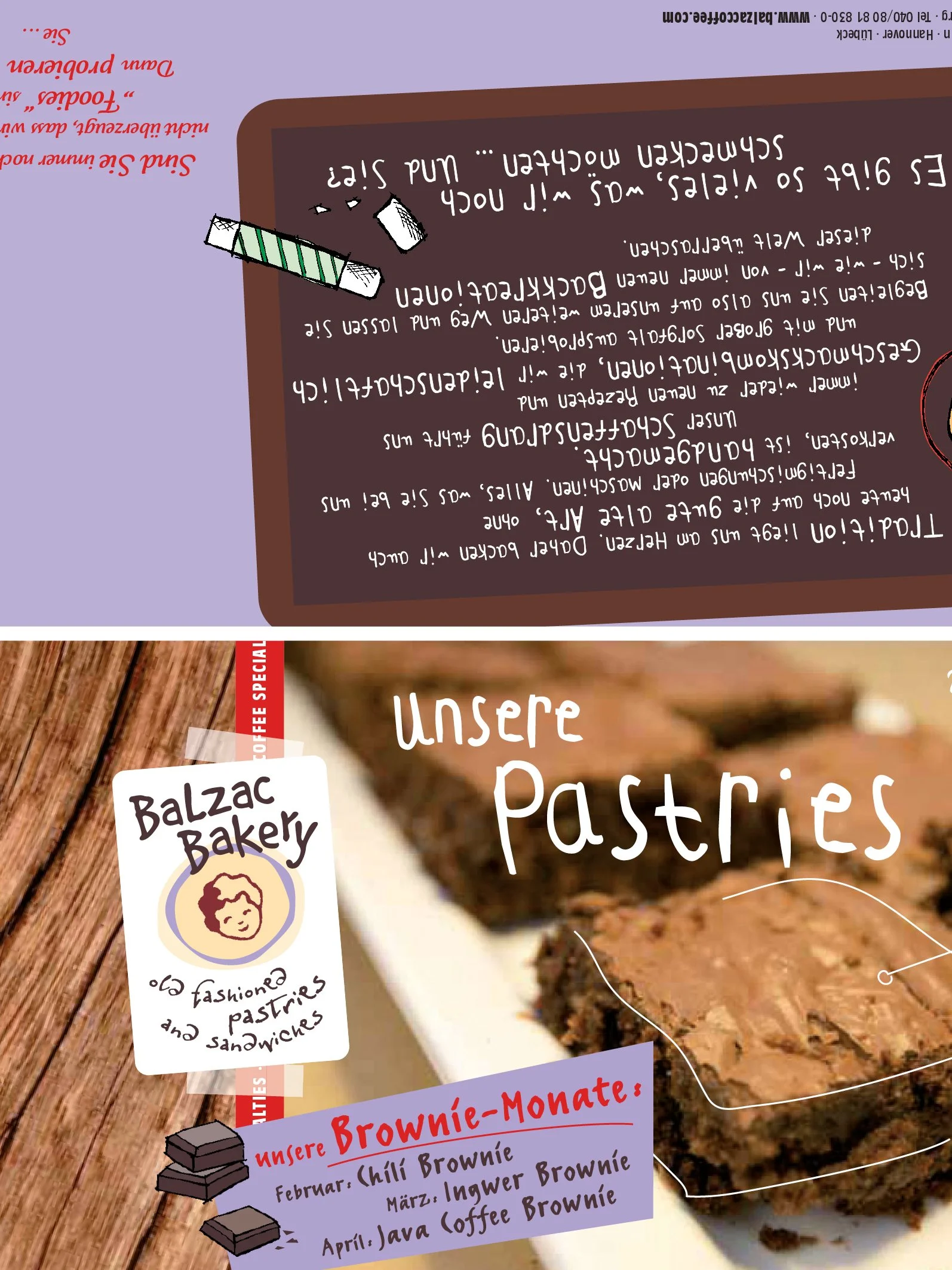 Speisekarte einer Bäckerei mit Schokoladenkuchen, Bestandteil der Werbung für Patisserie-Angebote, inklusive Logo der Balzac Bakery.