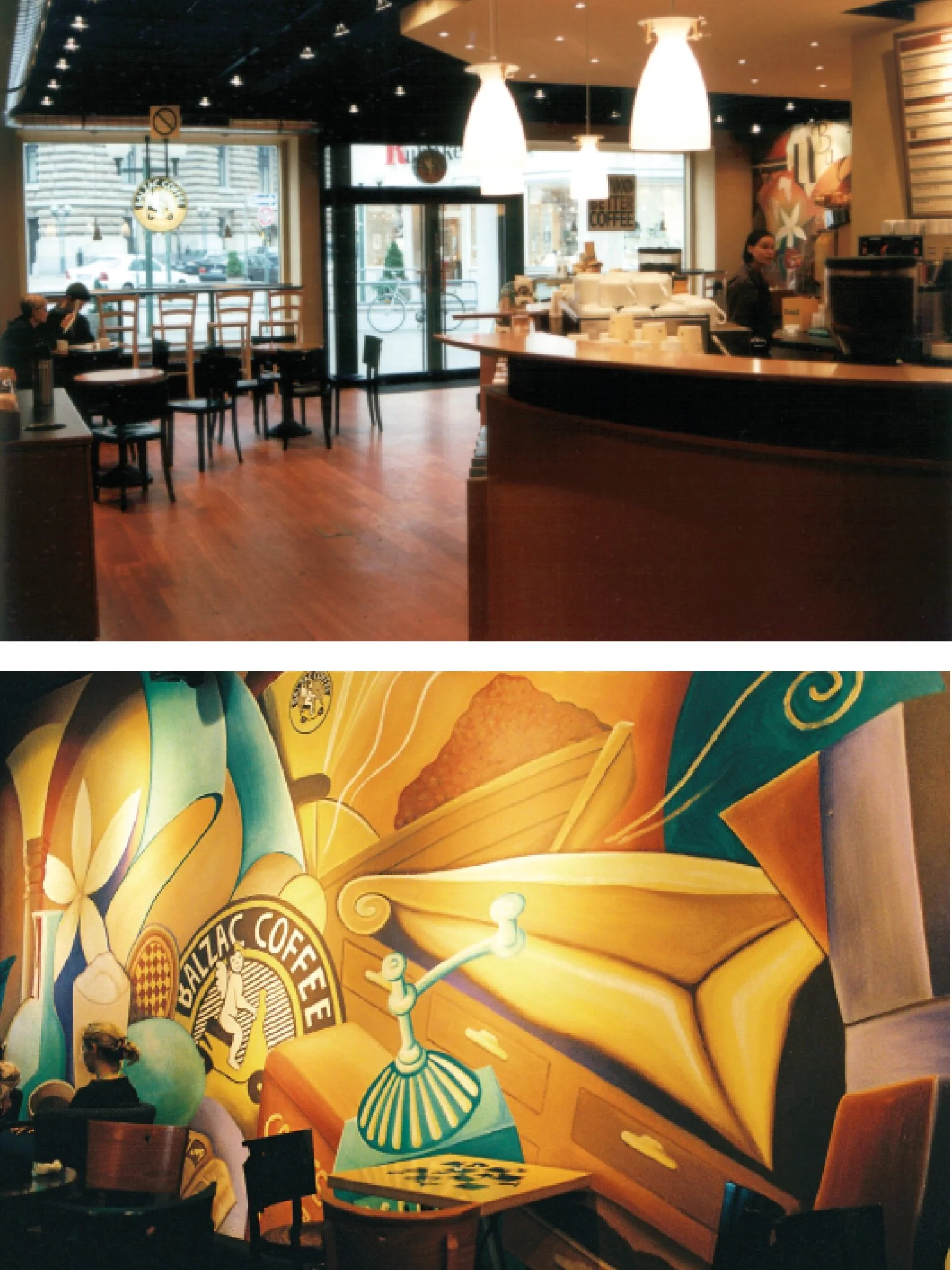 Innenansicht eines Starbucks-Cafés mit Sitzgelegenheiten, einer Kasse und einem großen bunten Wandbild mit einem Kaffeethema.