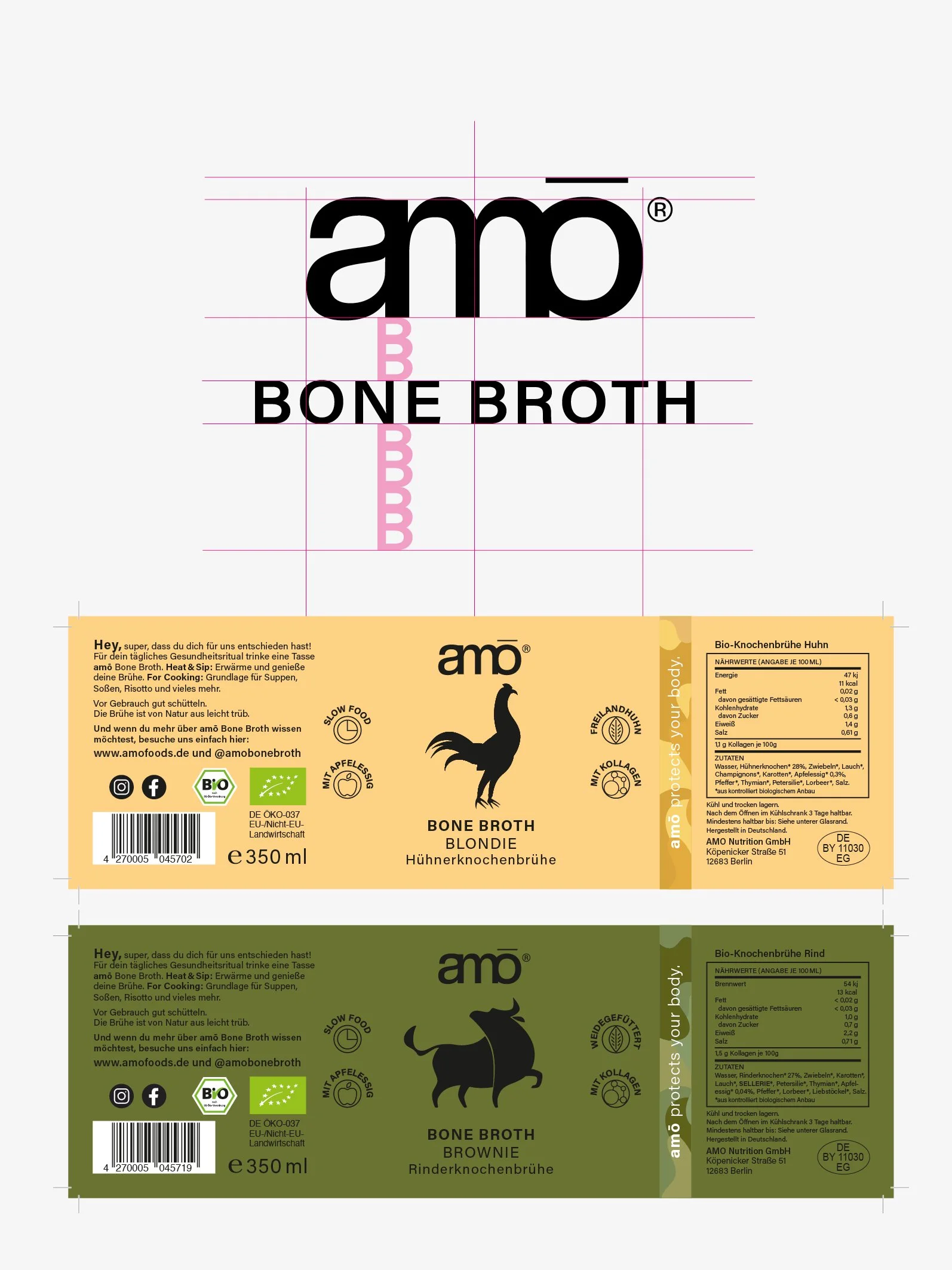 Verpackung für amöbiogeferierte Knochenbrühe, zwei Sorten - Hühnerknochenbrühe und Rinderknochenbrühe, mit bio- und nachhaltigen Logos, Nährwertangaben, Zutatenliste und Barcode.