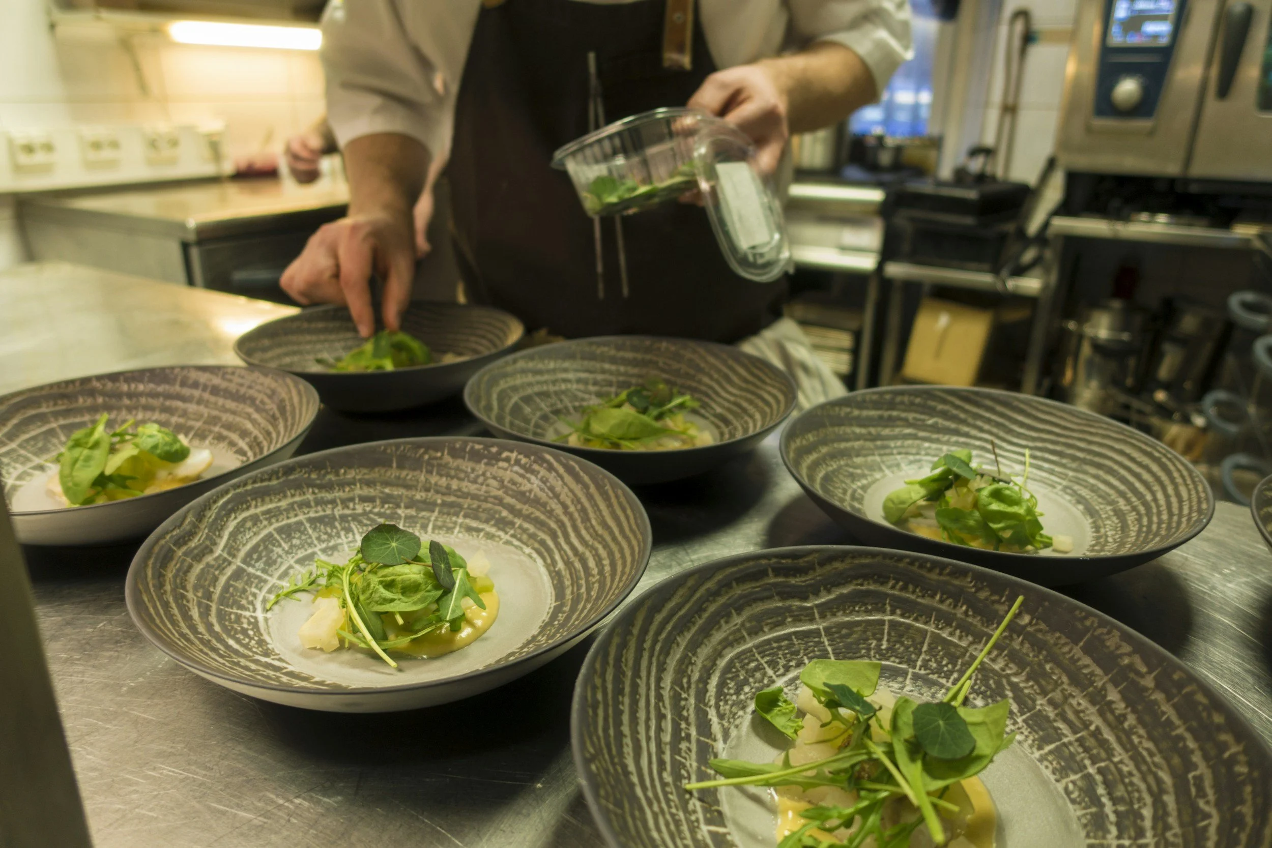 Chef garnishing plates with greens in a professional kitchen.