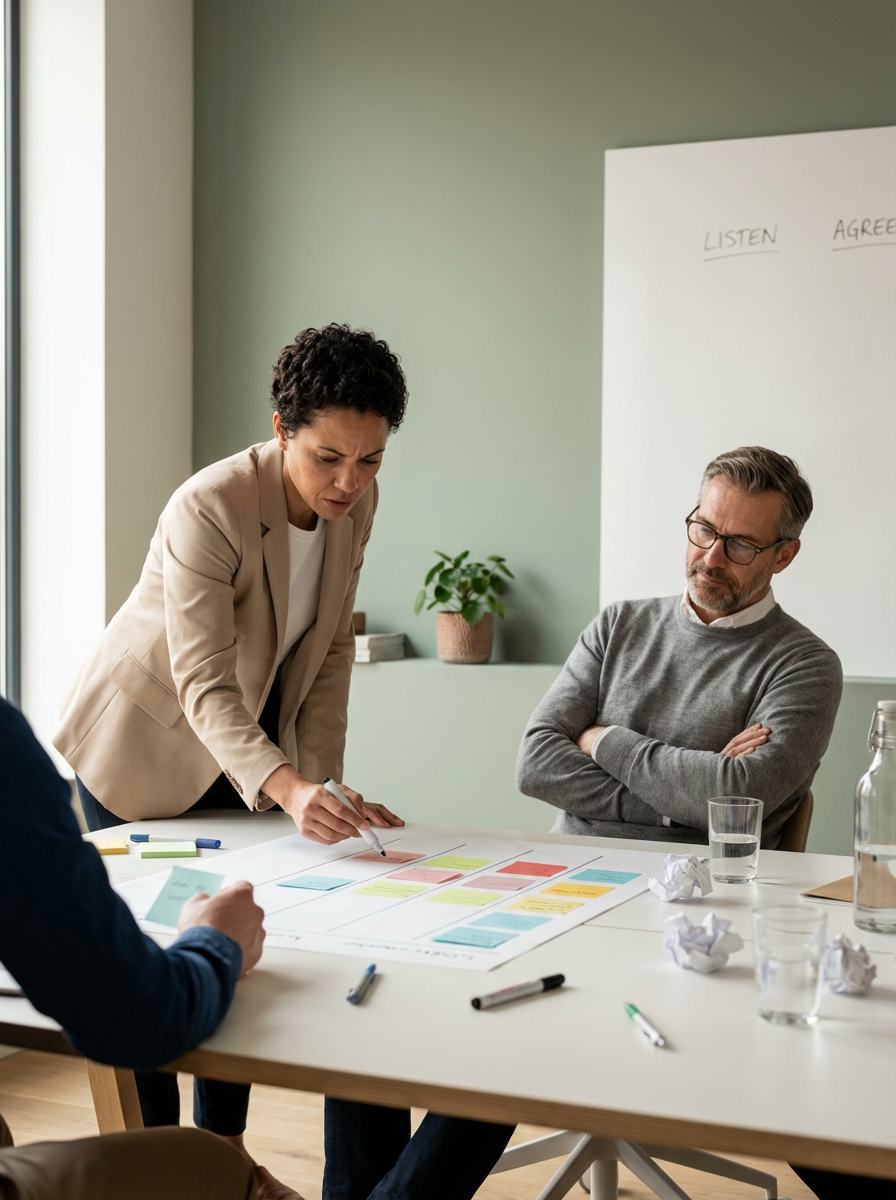 Een vrouw staat bij een tafel en wijst naar kleurgekleurde notities op papier, terwijl twee mannen ernaar kijken, in een vergaderkamer met whiteboard en planten.  Ze werken voor Vondr. Recruitment. Vondr jobs, vondr werk , vondr Werf / infrastructuur