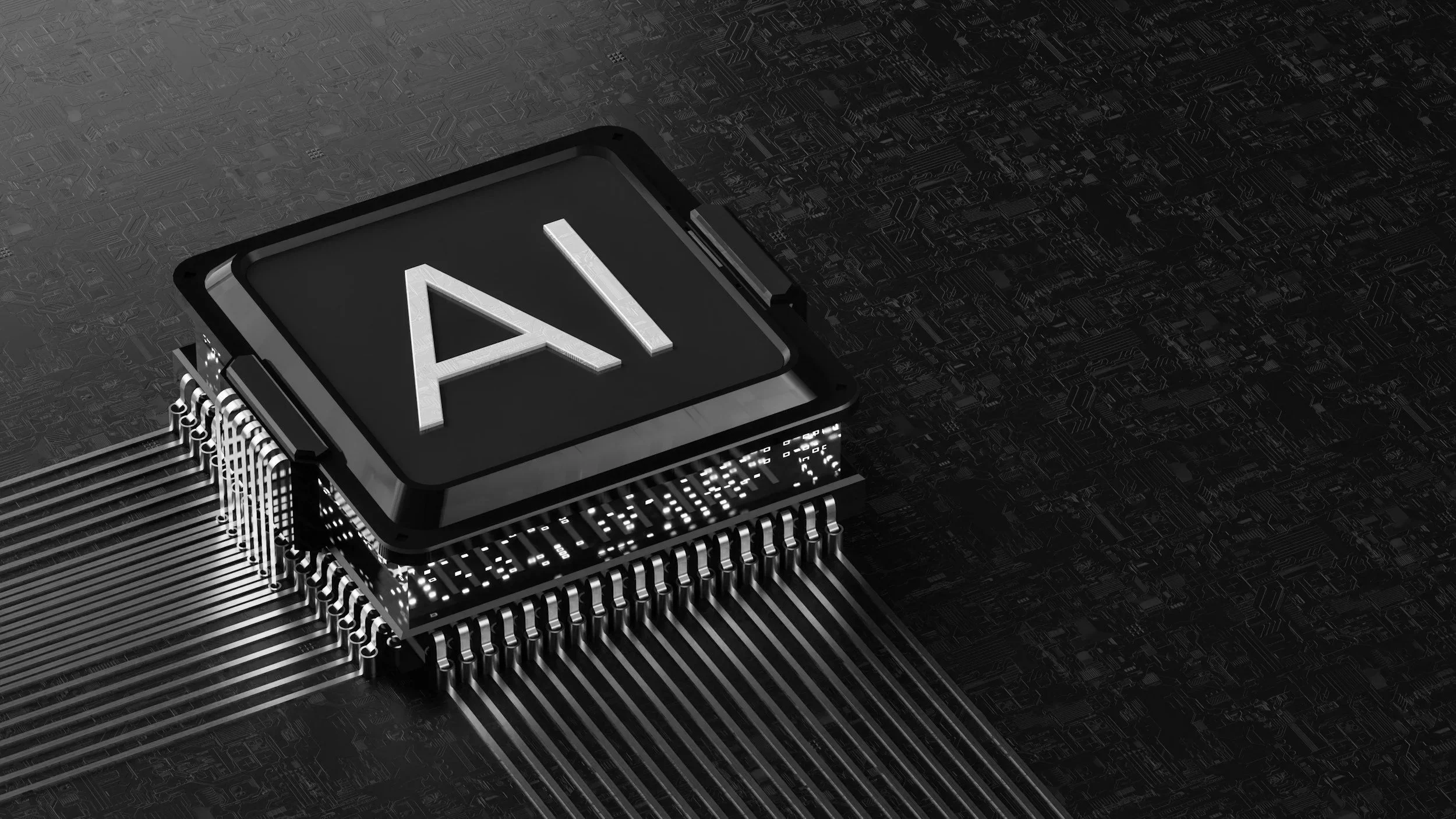 Close-up of a computer chip with an illuminated 'AI' label on the surface, set against a dark, detailed circuit board background.