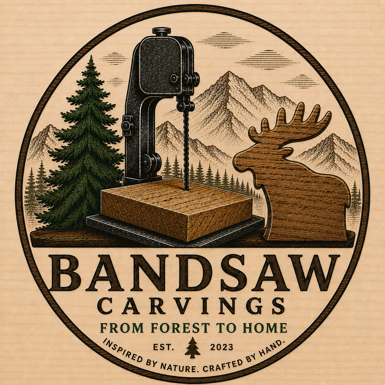 A logo for Bandsaw Carvings featuring a wood forest scene with a chainsaw carving of a moose and a tree, mountains, and pine trees in the background, and the text "From Forest to Home," established in 2023.
