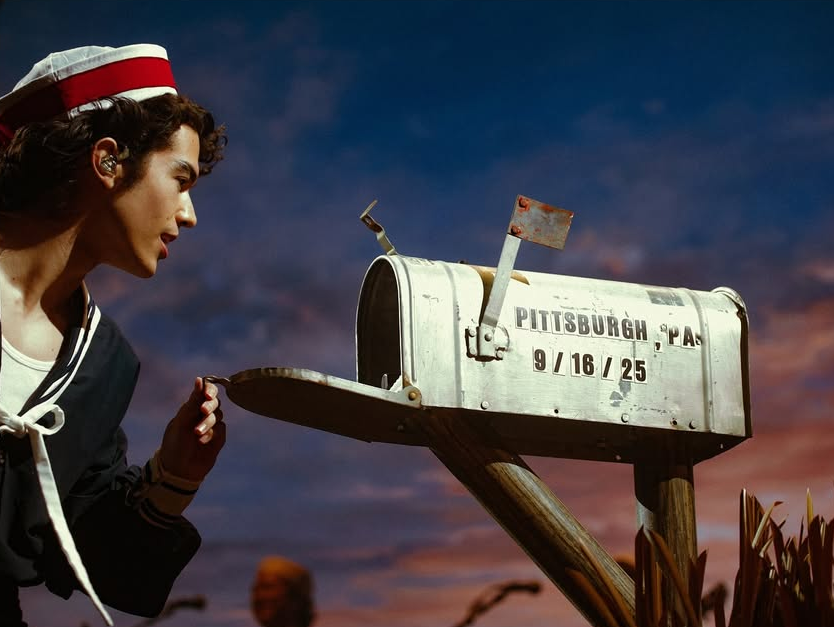 A woman wearing a party hat and black jacket looks at a silver mailbox mounted on a post against a colorful sunset sky.