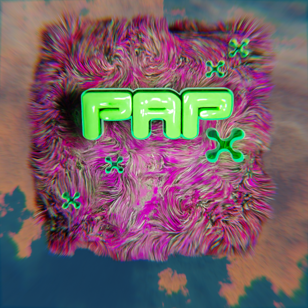 A neon green and pink abstract digital art with the Ripple (XRP) cryptocurrency logo and the word 'RIPPLE' in stylized block letters, surrounded by small ripple symbols, on a textured background resembling a furry surface with rainbow colors.