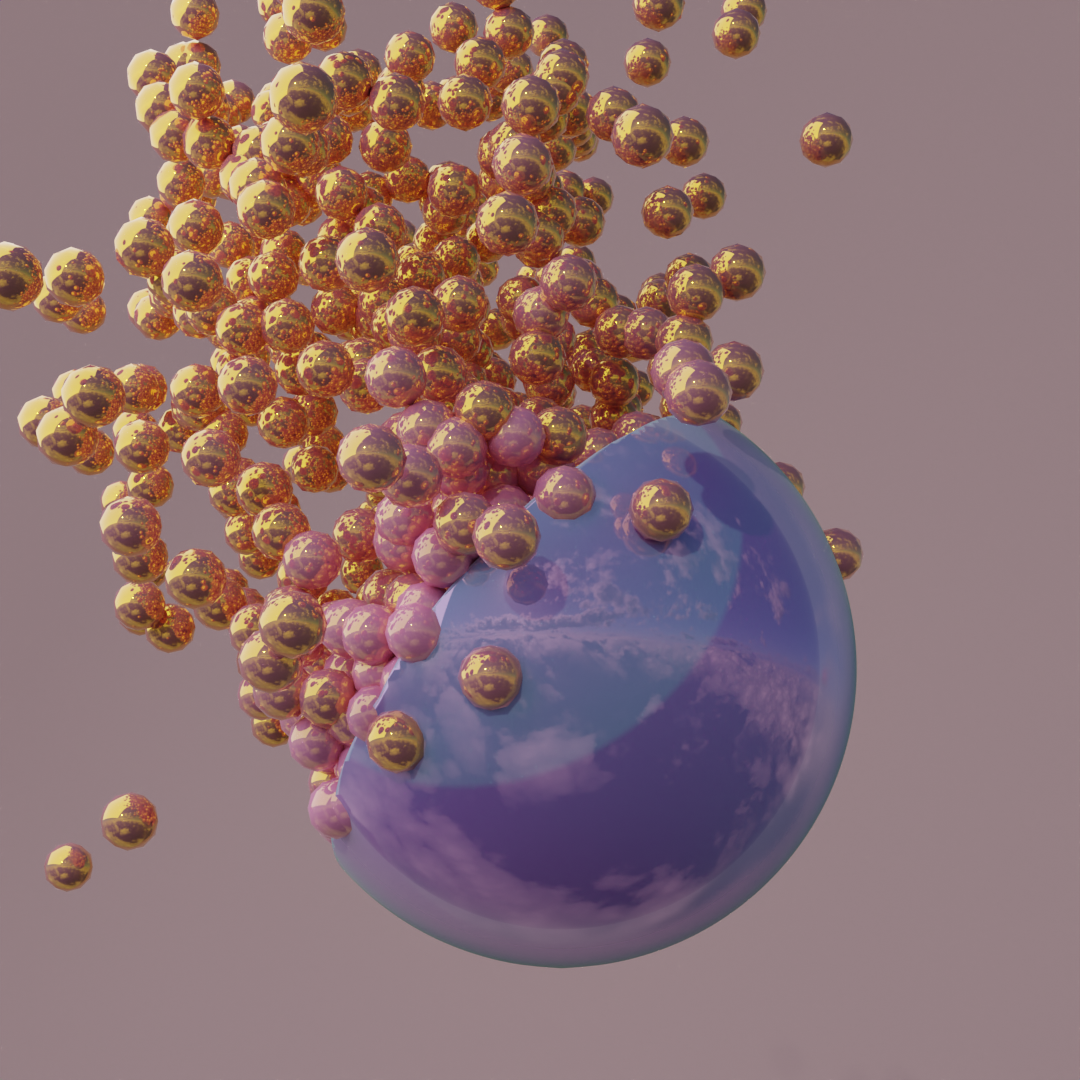 A digital artwork featuring a large, blue, reflective sphere splattered with purple and yellow dots, with numerous small, spherical objects in purple, yellow, and orange surrounding and falling around it against a plain background.
