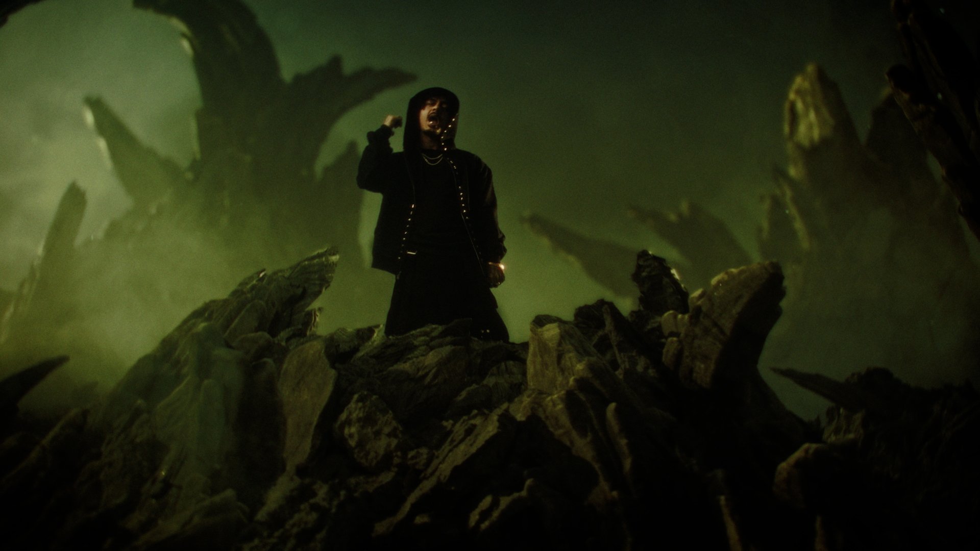 A person wearing dark clothing, including a hoodie and jacket, standing on a rocky terrain surrounded by large, spiky plants with a greenish fog or mist.
