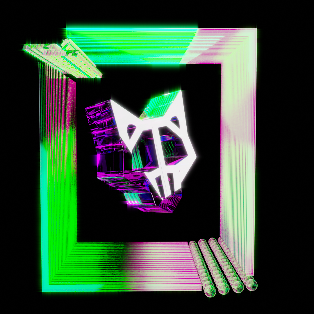 A glitch art-style digital image featuring a three-dimensional cube with purple and pink reflections, inside a glowing three-dimensional frame with green and pink neon lines, and a trailing pattern of four transparent spheres at the bottom right corner.