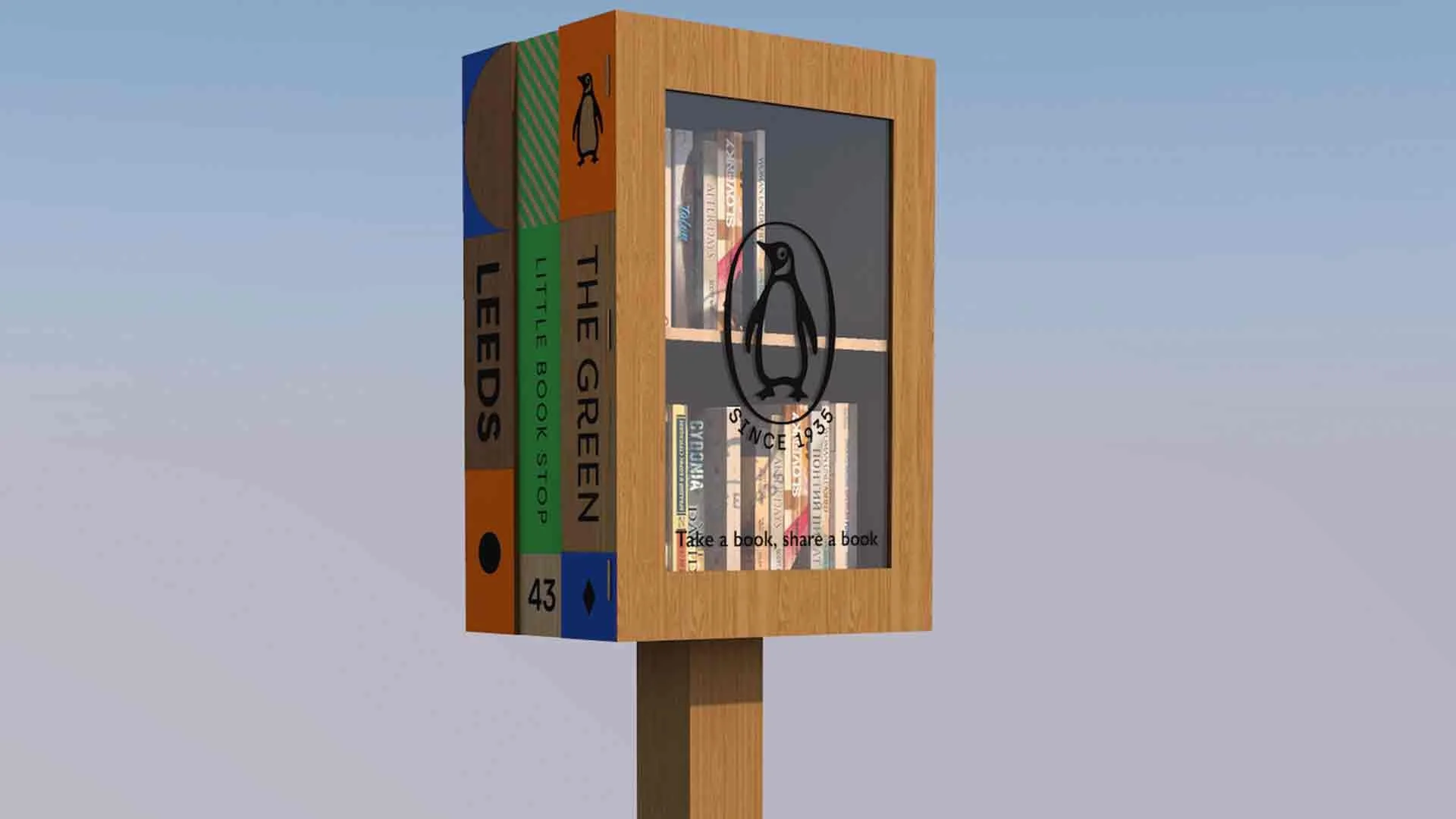 A small wooden library box with a glass door containing books, labeled with a penguin logo, in a clear sky setting.