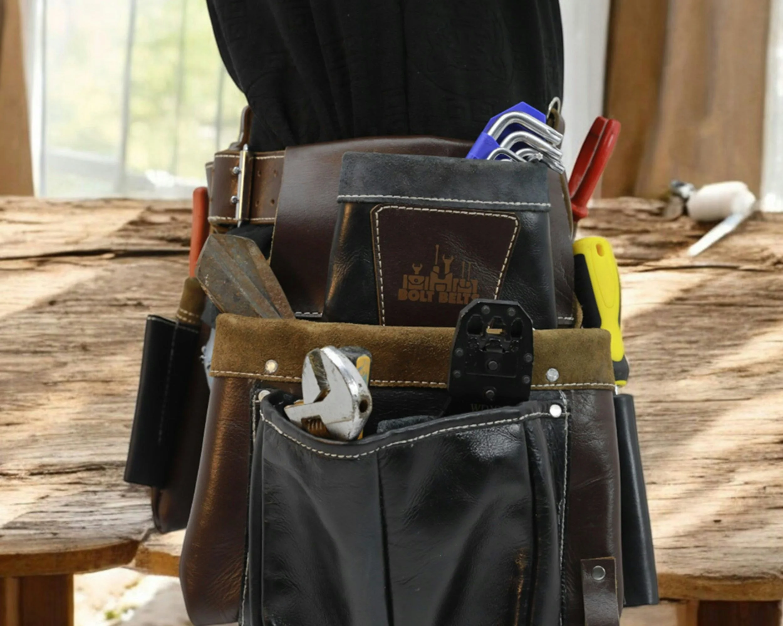 Close-up of a leather tool belt with various hand tools on a wooden workbench, with a blurred background of a window and outdoors.