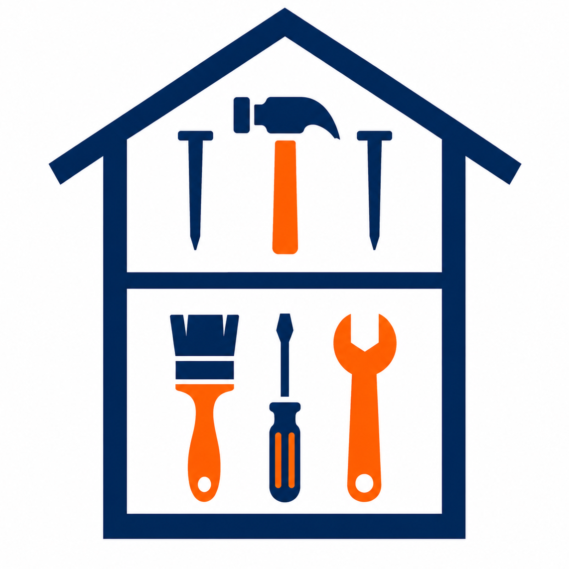 Graphic of a house outline with various hand tools inside, including a hammer, nails, screwdriver, paintbrush, and wrench, depicted in dark blue and orange colors.