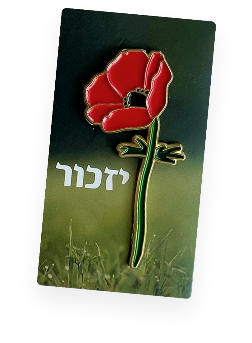 A pin featuring a red Crown Anemone flower with a green stem and leaves. The background is a blurred field, and there are white Hebrew words that read 'Yizkor'.