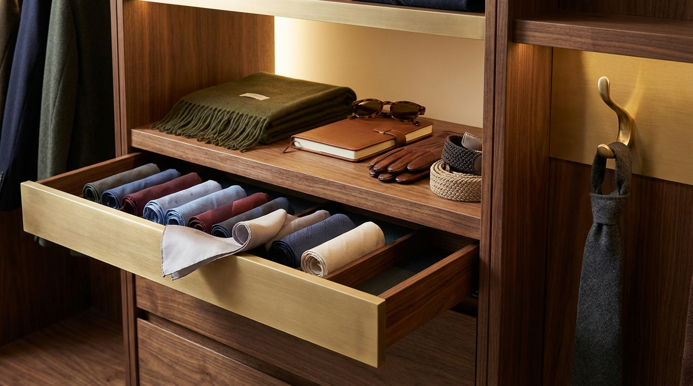 A wooden dresser drawer partially open with rolled-up socks inside and a folded green scarf on top, along with various accessories including notebooks, sunglasses, gloves, and belts.