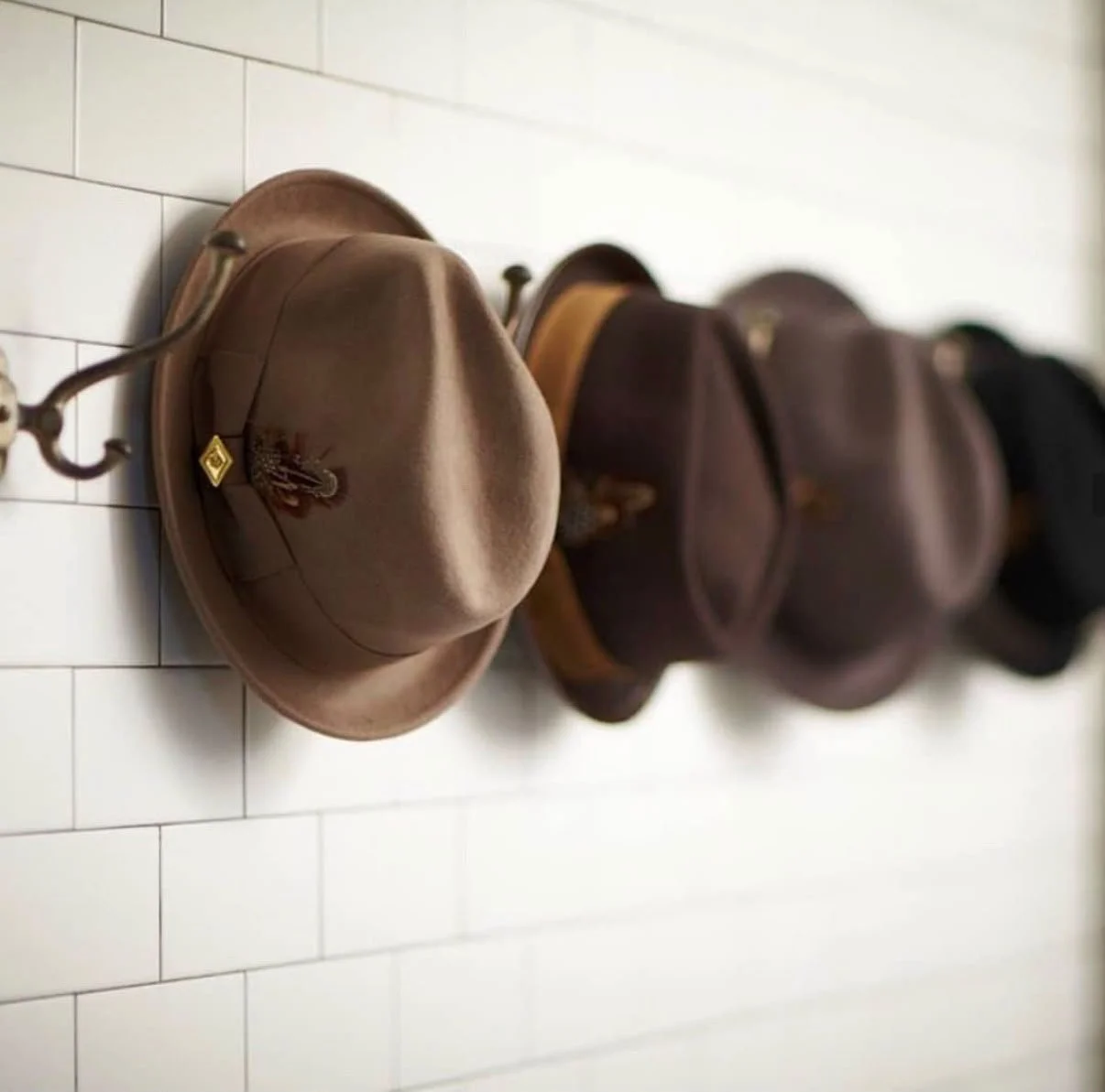 A row of brown hats hanging on hooks on a white tiled wall.