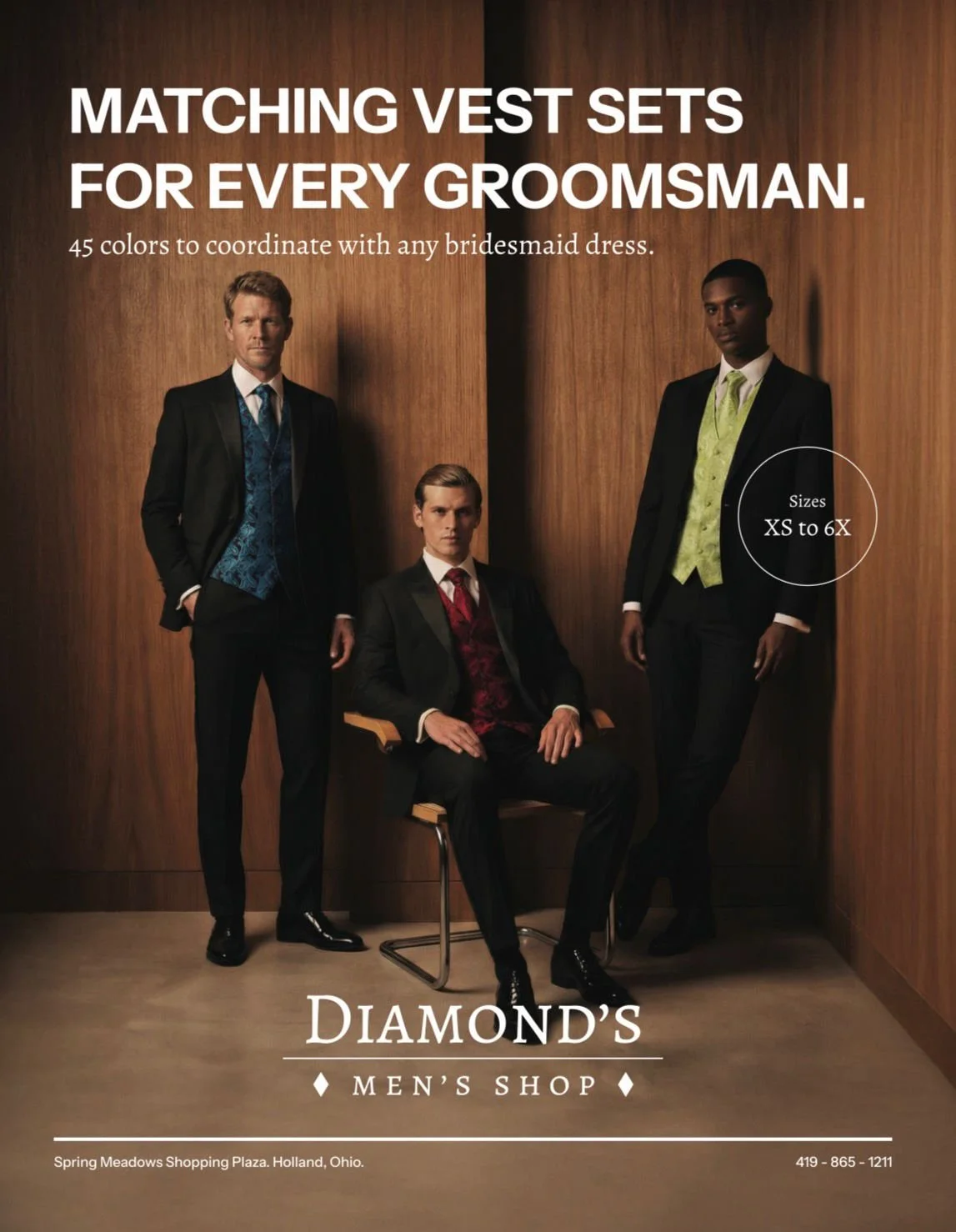 Advertisement for Diamond's Men's Shop featuring three men in suits, promoting matching vest sets in various colors, with sizes XS to 6X. Location: Spring Meadows Shopping Plaza, Holland, Ohio.