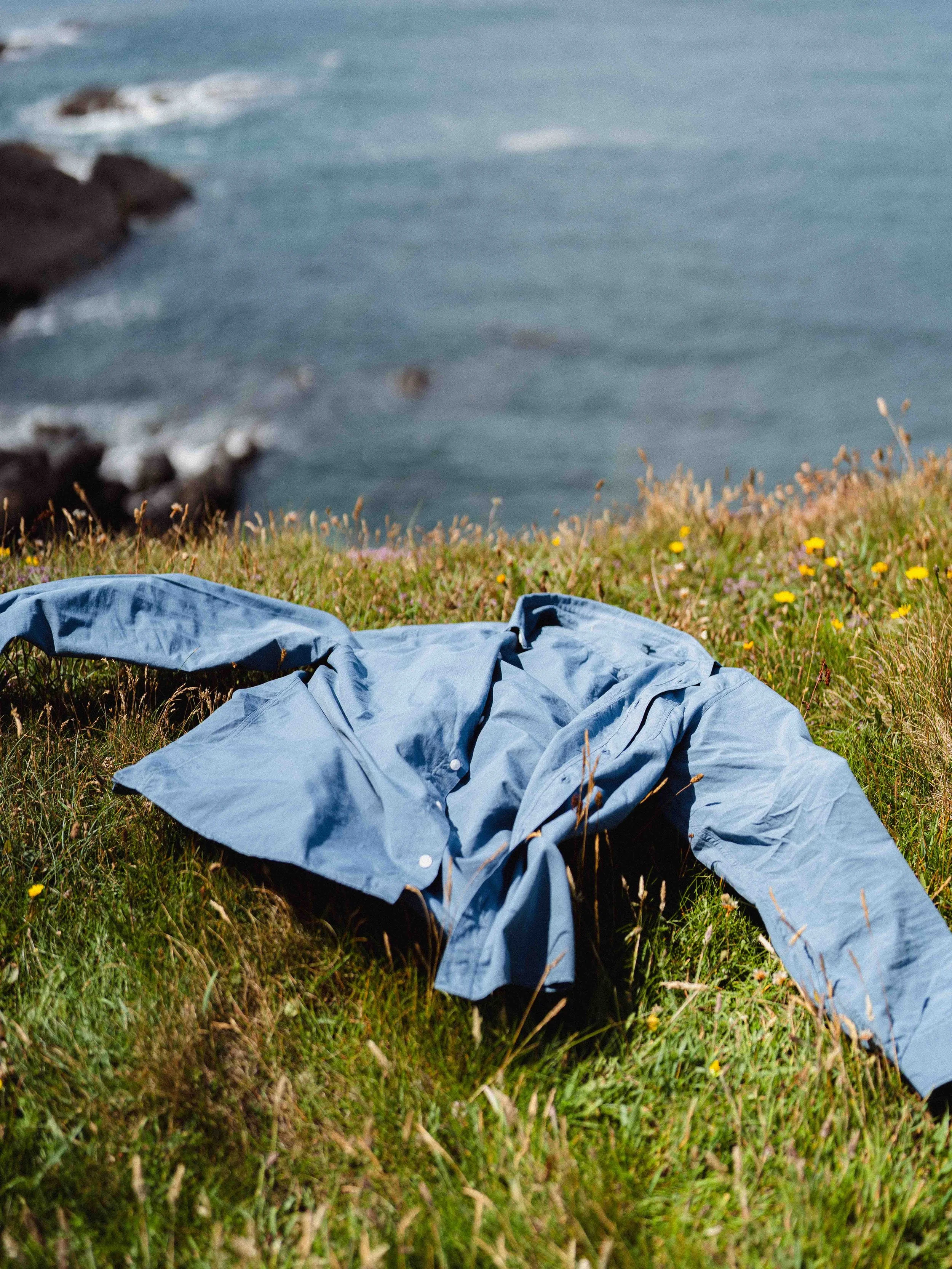 Blue shirt lying on grass near ocean with rocks and small yellow flowers