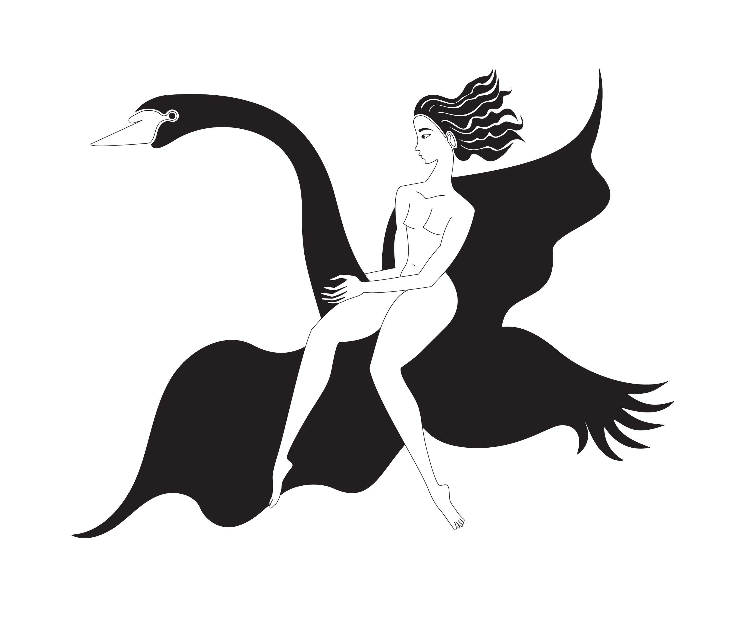 A black and white illustration of a woman with flowing hair riding on the back of a large bird.
