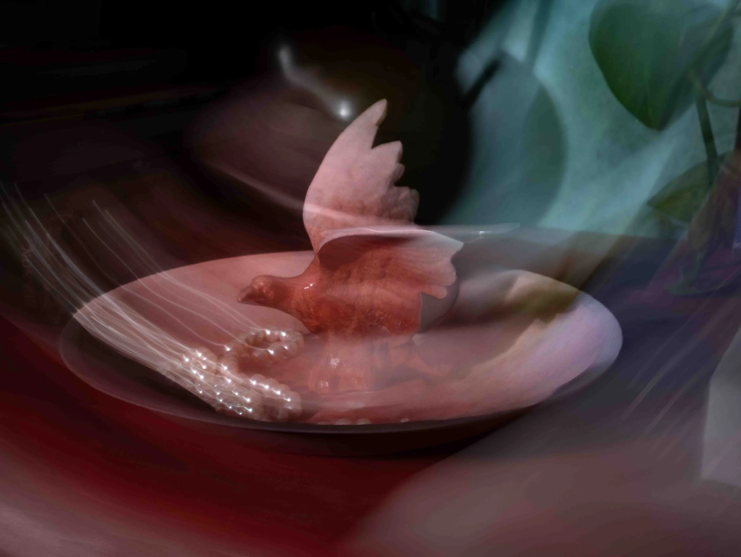 Blurred image of a person holding a phone, with a green plant nearby.
