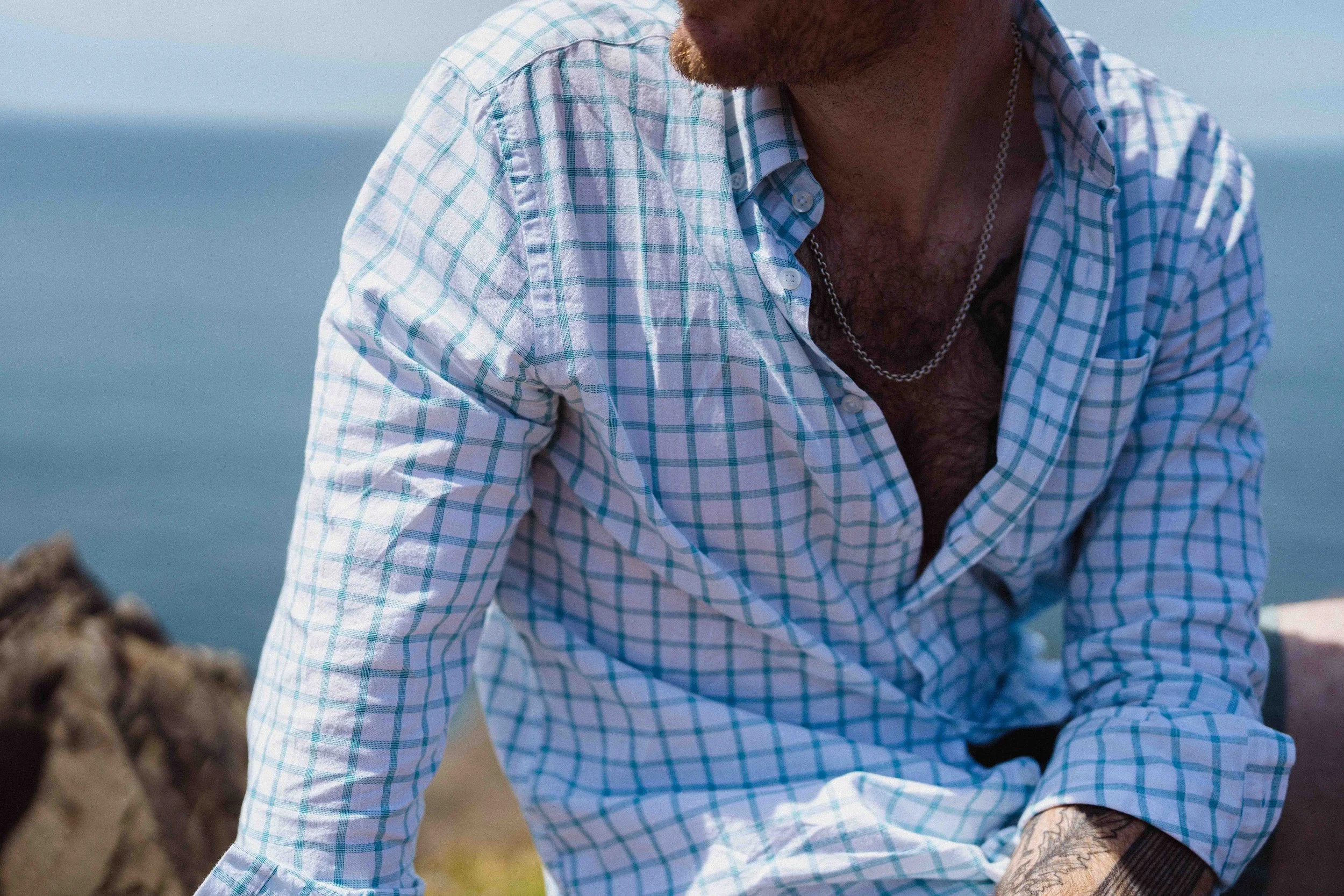 Close-up of a man wearing a blue and white plaid shirt with the top buttons undone, revealing a tattoo on his chest, a silver chain necklace, and tattoos on his arms. The background is a blurred outdoor scene with water and rocks.