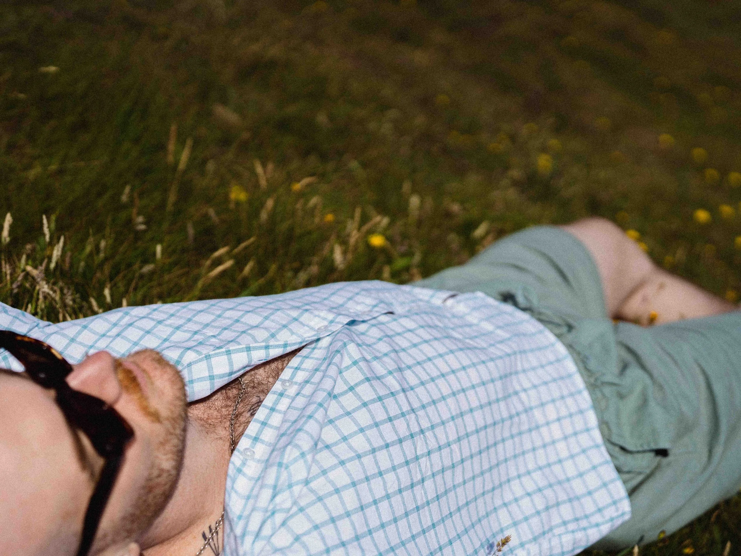 Person wearing a light blue checkered shirt and a black wristwatch, sitting in a field of yellow flowers during the evening or night.