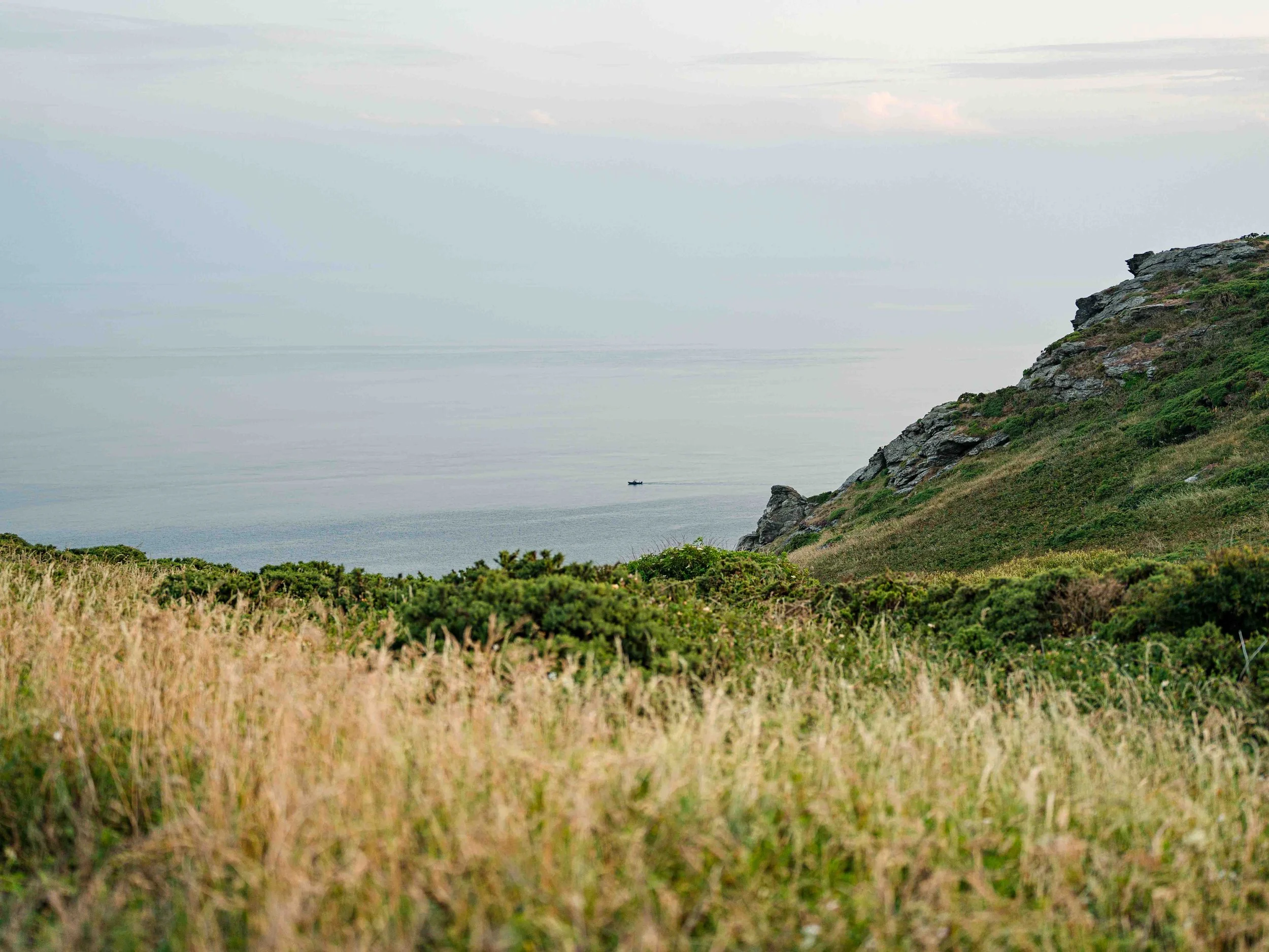 A view of grassy terrain leading to a hill with rocky outcroppings covered in green shrubbery, overlooking a calm body of water where a small boat is visible in the distance.