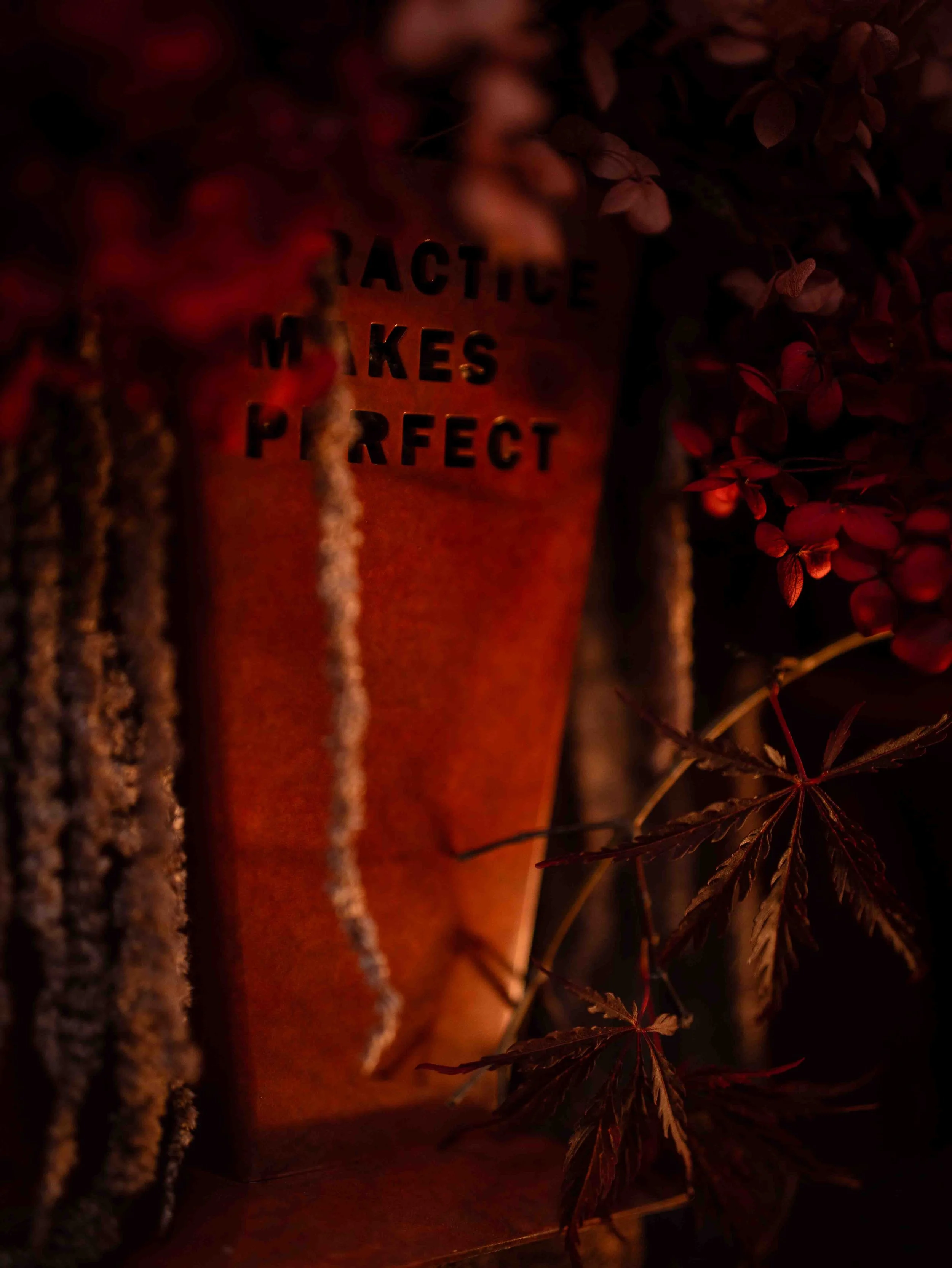 A decorative sign with the words 'PRACTICE MAKES PERFECT' surrounded by foliage and a tree trunk.