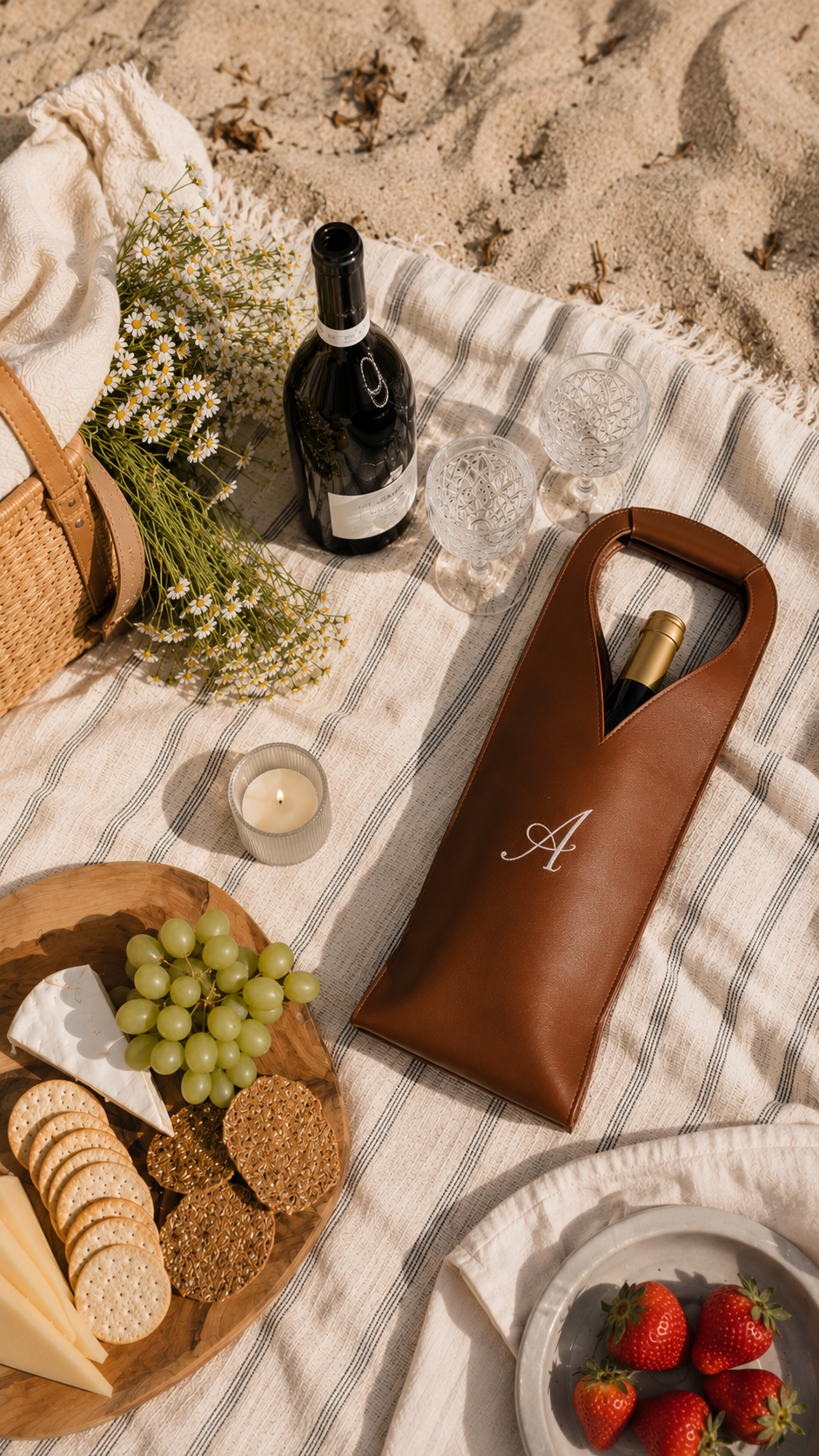 A picnic scene on the sand with a blanket, a basket, a bottle of wine with glasses, a candle, grapes, cheese and crackers, strawberries, and a wine cooler with a bottle inside. A bunch of daisies is also visible.