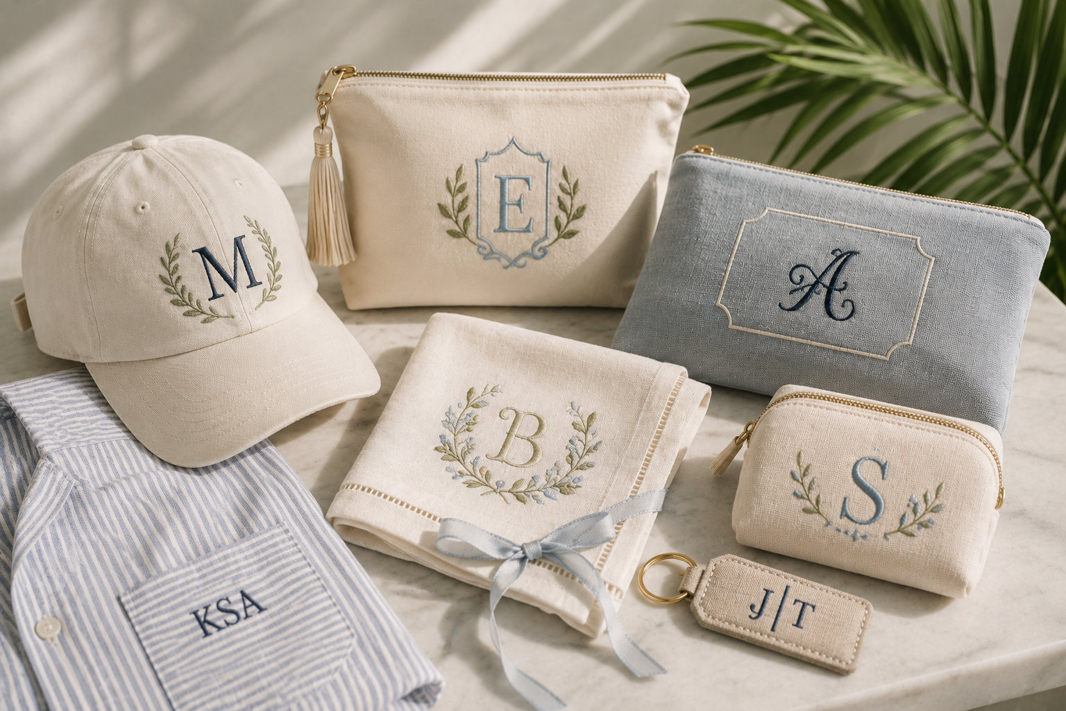 Set of personalized embroidered accessories, including a beige cap with 'M', a cream bag with 'E', a blue bag with 'A', a beige cloth with 'B', a small pouch with 'S', a striped shirt with 'KSA', and a beige keychain with 'JIT', arranged on a marble surface with green plant leaves in the background.
