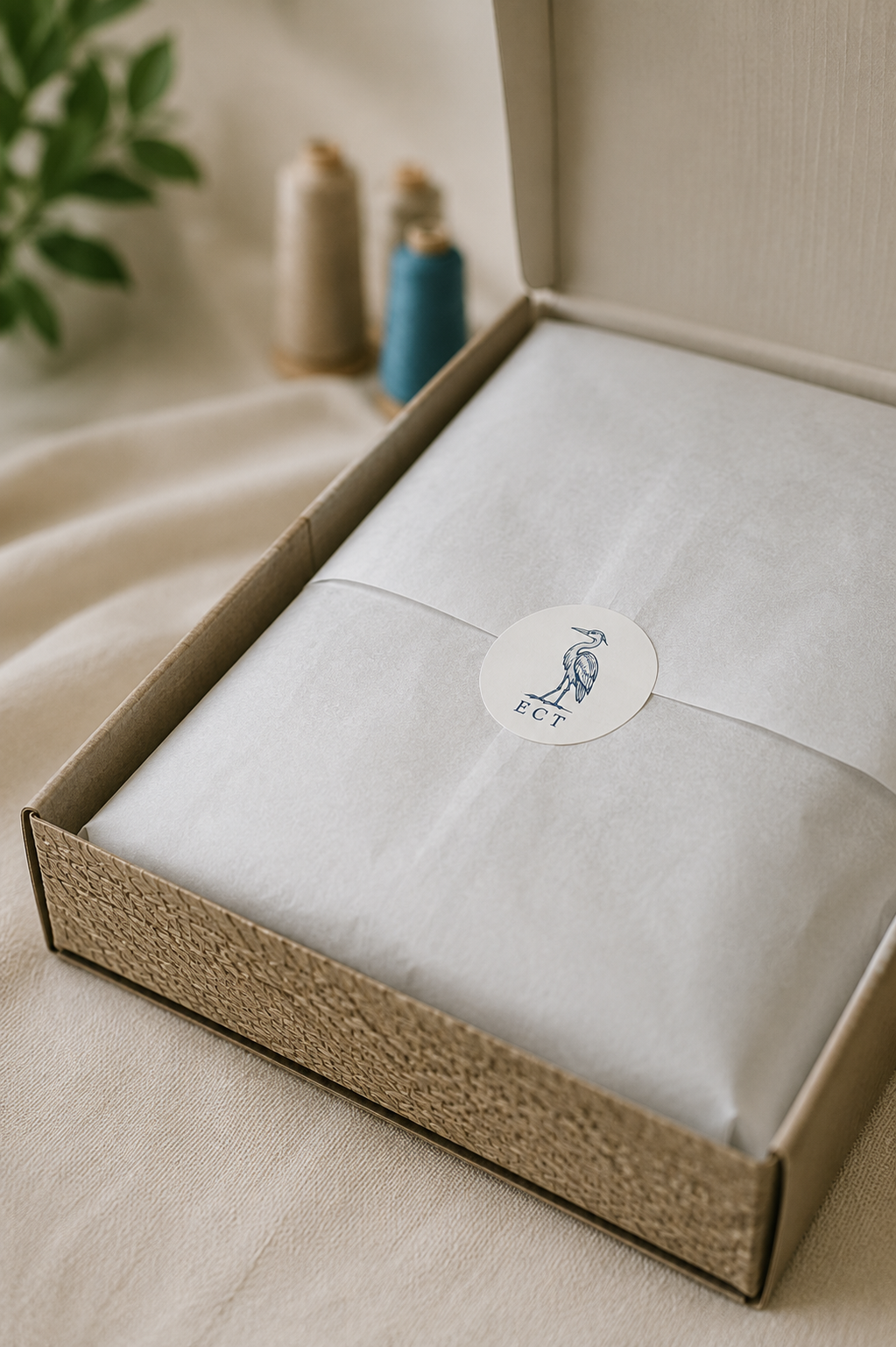 Open cardboard box with white wrapping paper and a round sticker featuring a heron and the letters "ECT" inside. Behind the box, there are three spools of thread in beige and blue on a surface, with a green plant to the left.