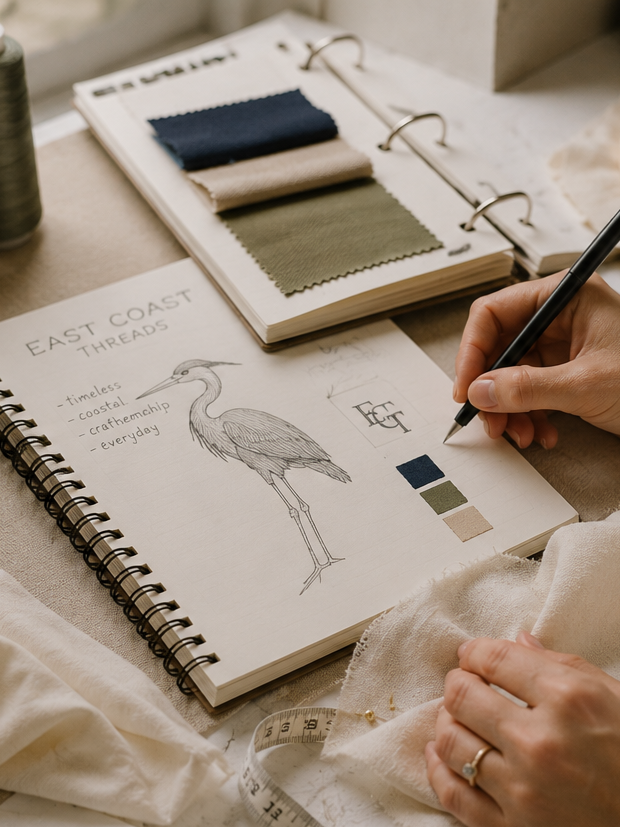 Sketch of a heron with color swatches and fabric samples on a designer notebook.