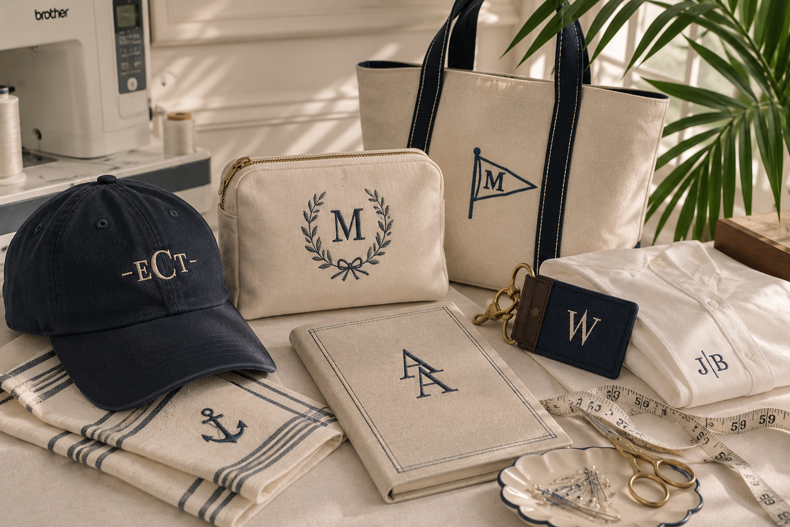 Nautical-themed accessories and home decor, including embroidered bags, a hat, a sleeveless shirt, a fabric-covered notebook, a tape measure, scissors, and a keychain, arranged on a table with a sewing machine and green plant in the background.
