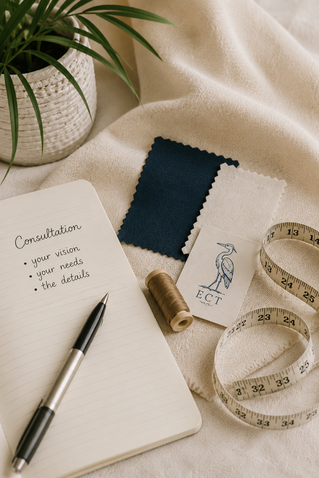 A flat lay of a consultation workspace with fabric swatches, a notebook with notes, a pen, a spool of thread, a tape measure, and a card with a heron illustration labeled 'ECT'. A potted plant is partially visible in the background.