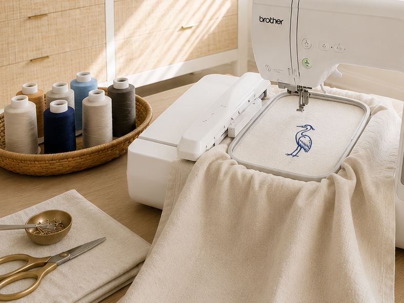 A sewing machine embroidering a blue heron on beige fabric, with spools of thread in a basket nearby and sewing supplies on the table.