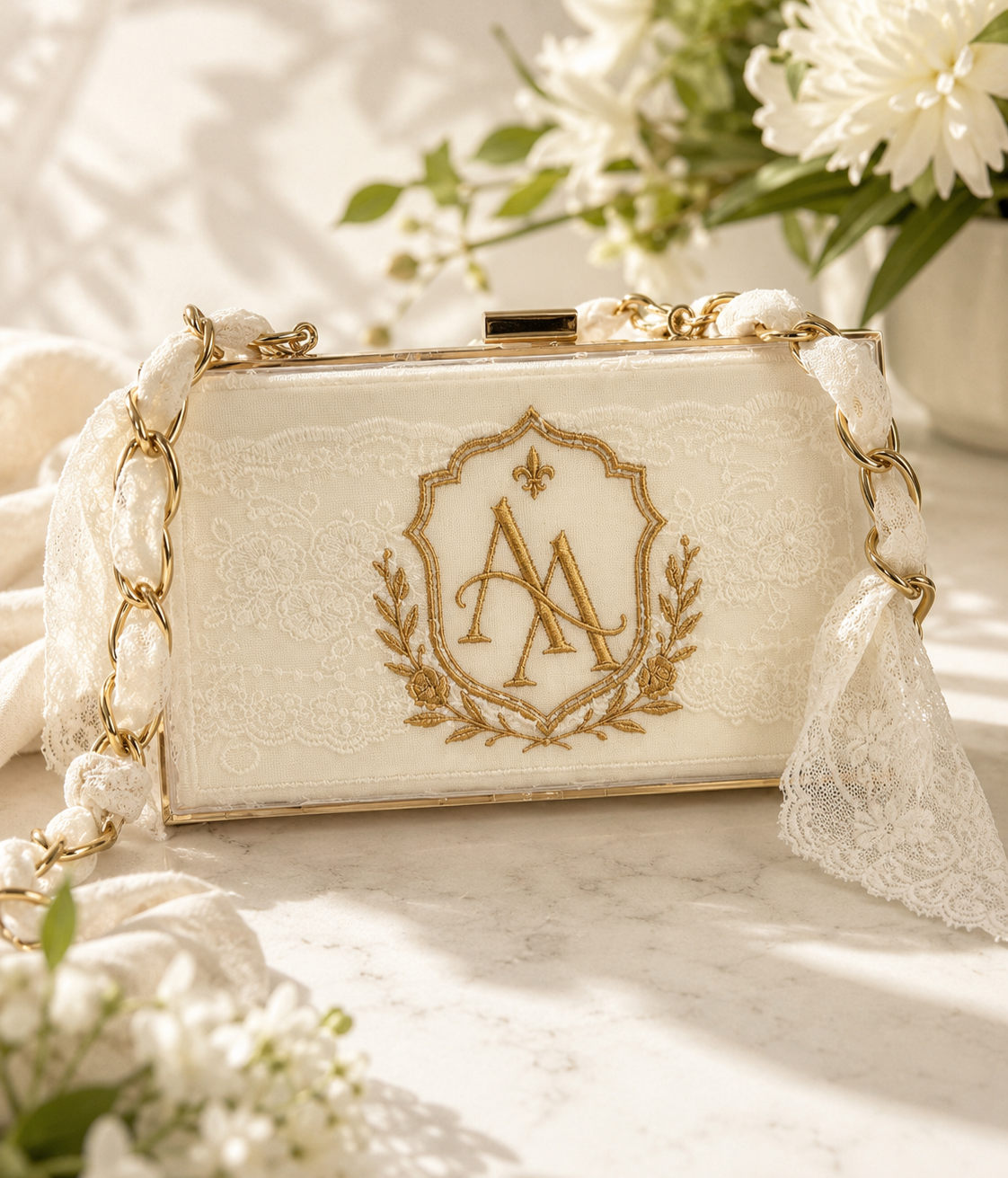 A vintage white clutch purse with gold embroidery and a gold chain strap, resting on a light surface with a blurred flower arrangement in the background.