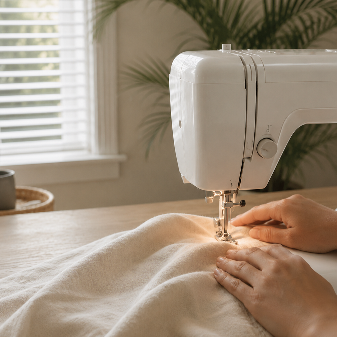 Person sewing fabric with a sewing machine in a well-lit room.