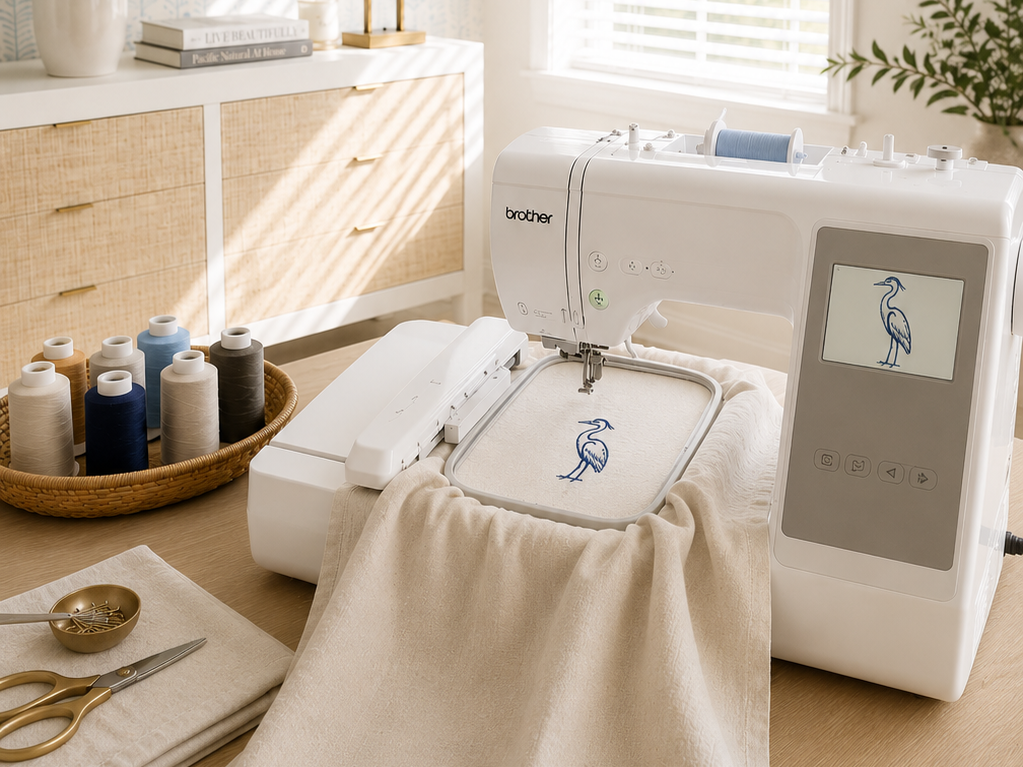 An embroidery machine stitching a bird outline onto fabric, with spools of thread nearby and a pair of scissors on a workspace.